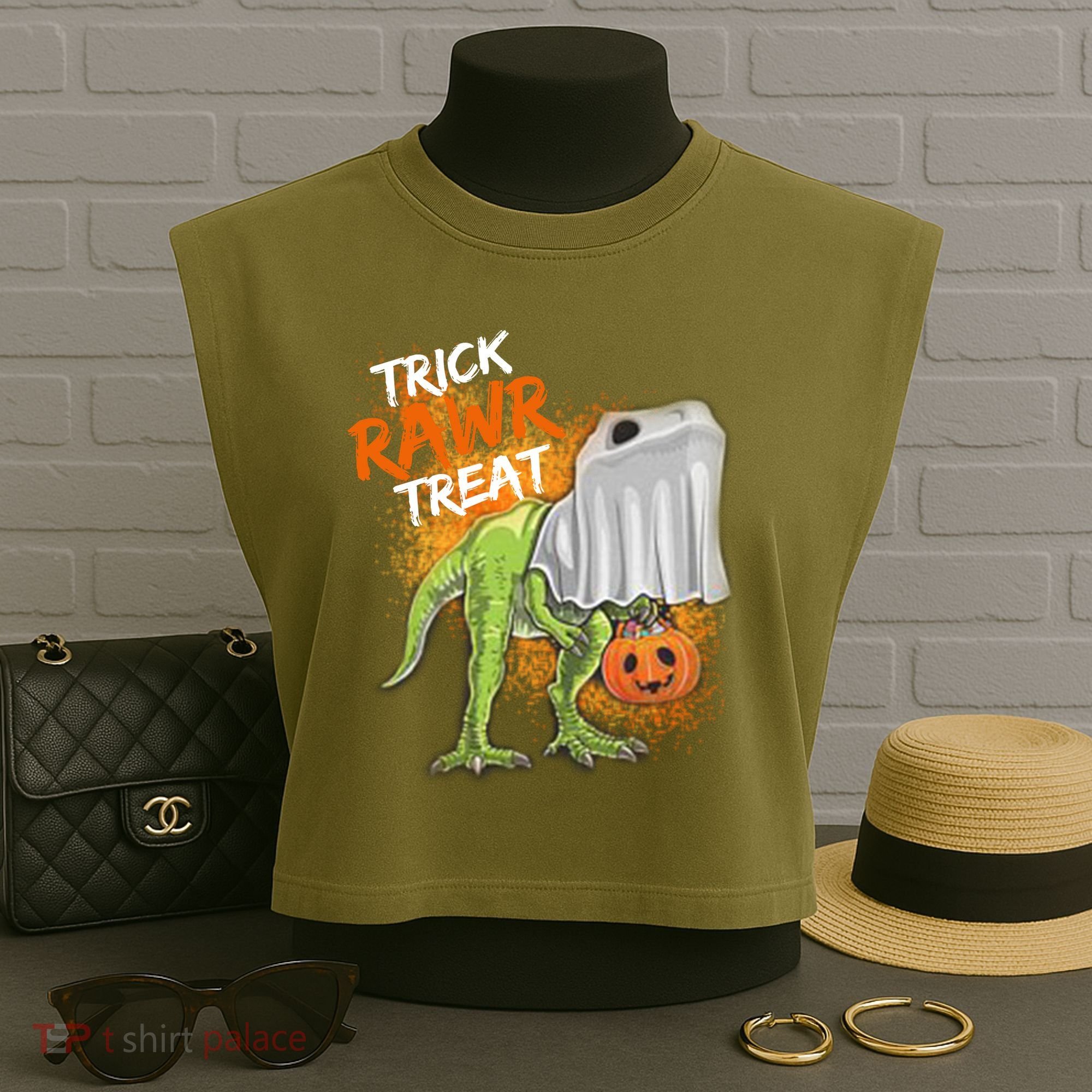 Trick Rawr Treat Halloween T Rex Dinosaur Garment-Dyed Women's Muscle Tee