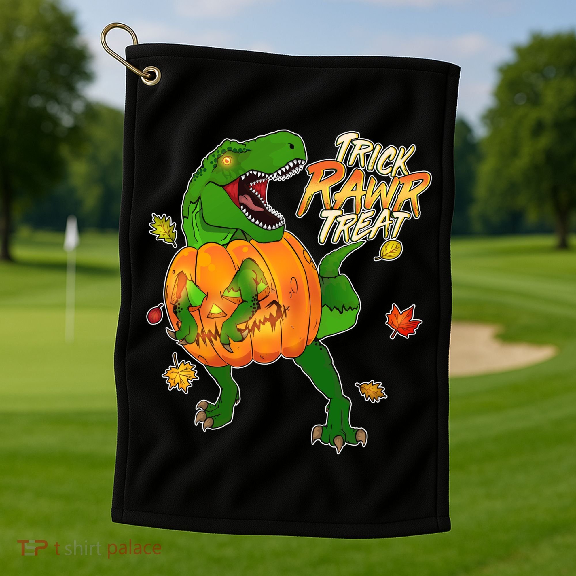 Trick RAWR Treat T-Rex Funny Halloween Golf Towel