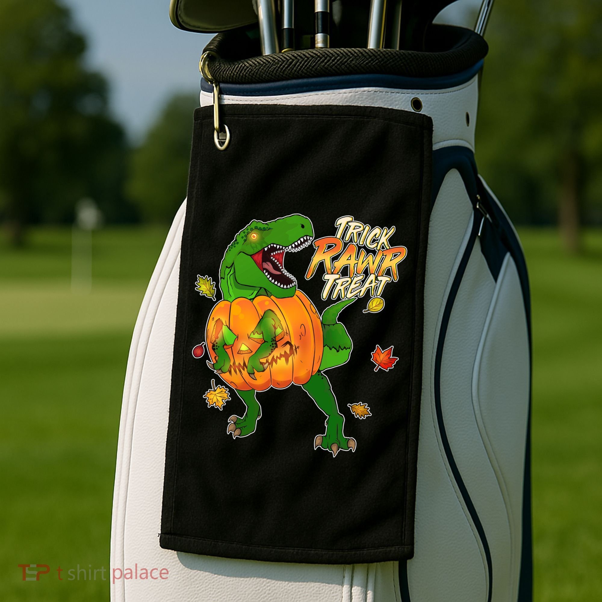 Trick RAWR Treat T-Rex Funny Halloween Golf Towel