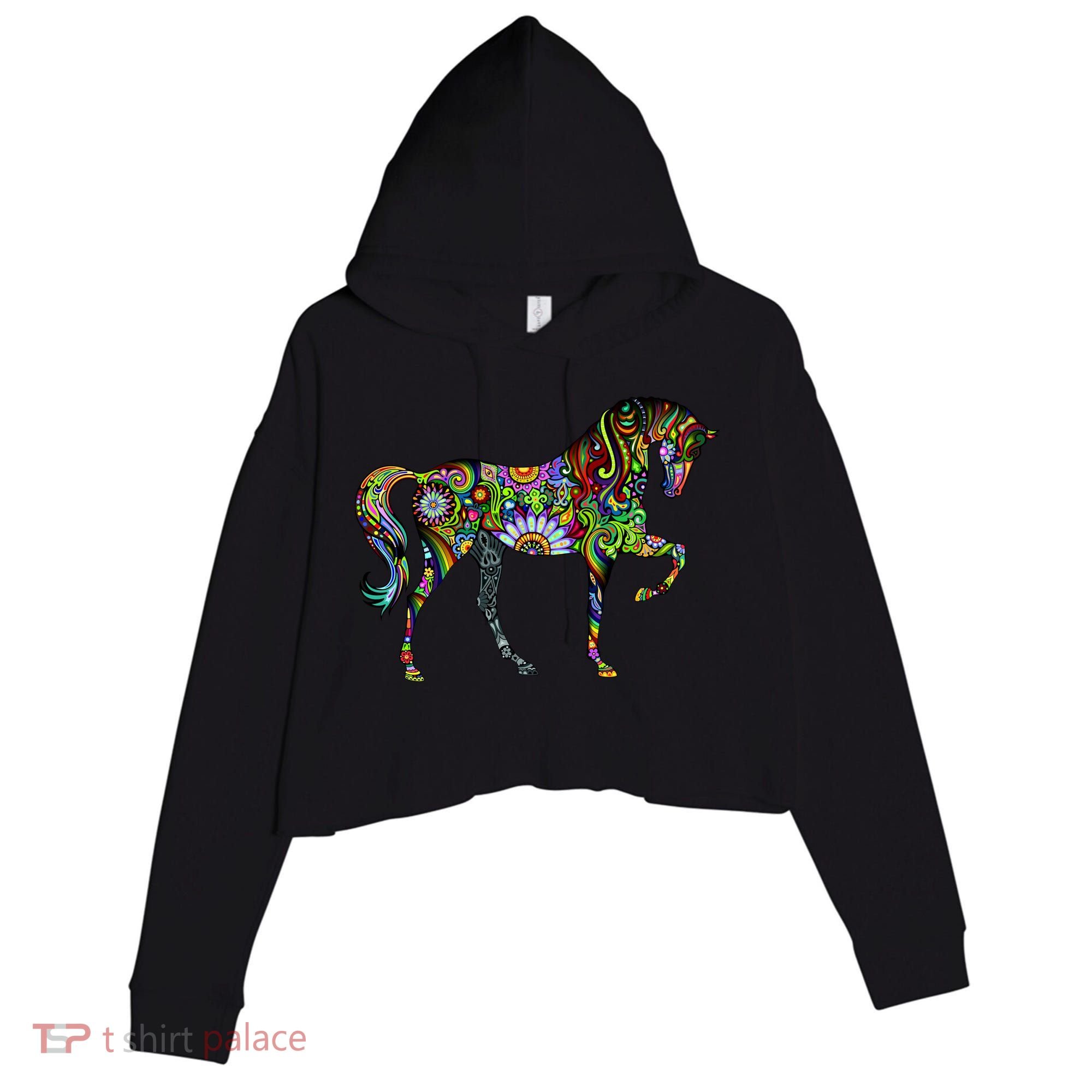 Trippy Cheerful Horse Crop Fleece Hoodie
