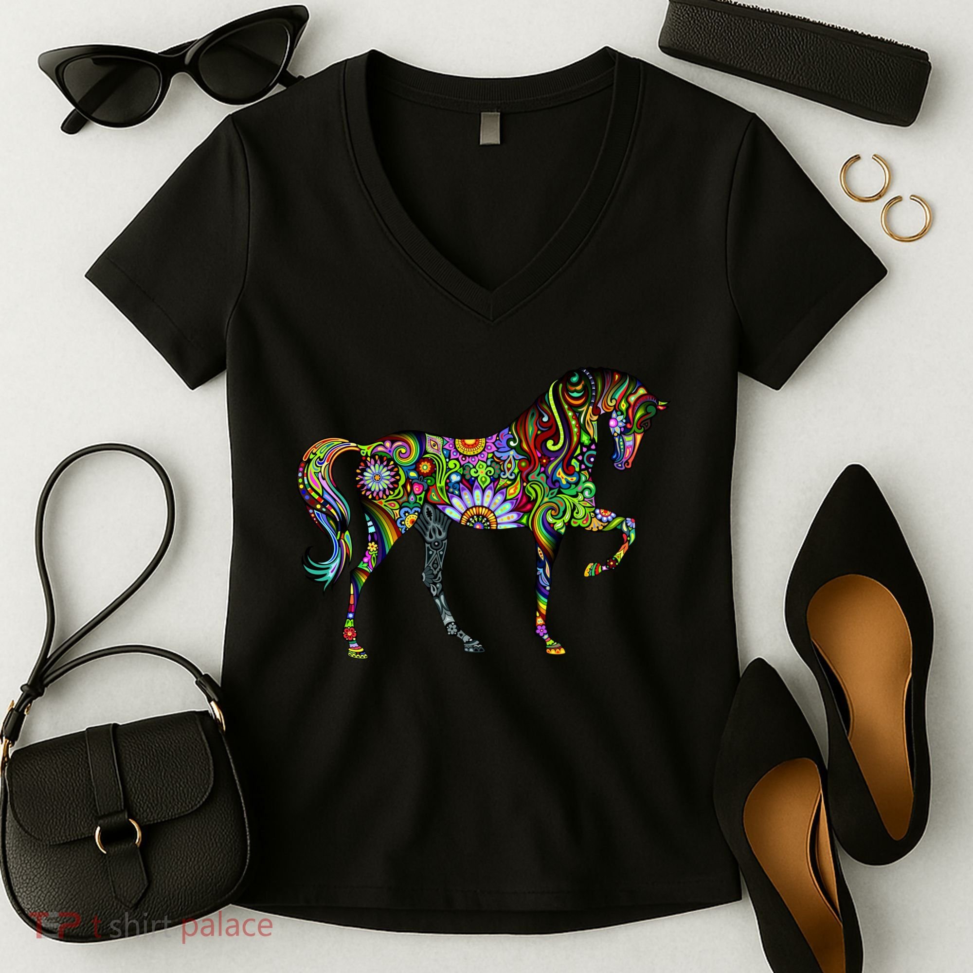 Trippy Cheerful Horse Women's V-Neck T-Shirt