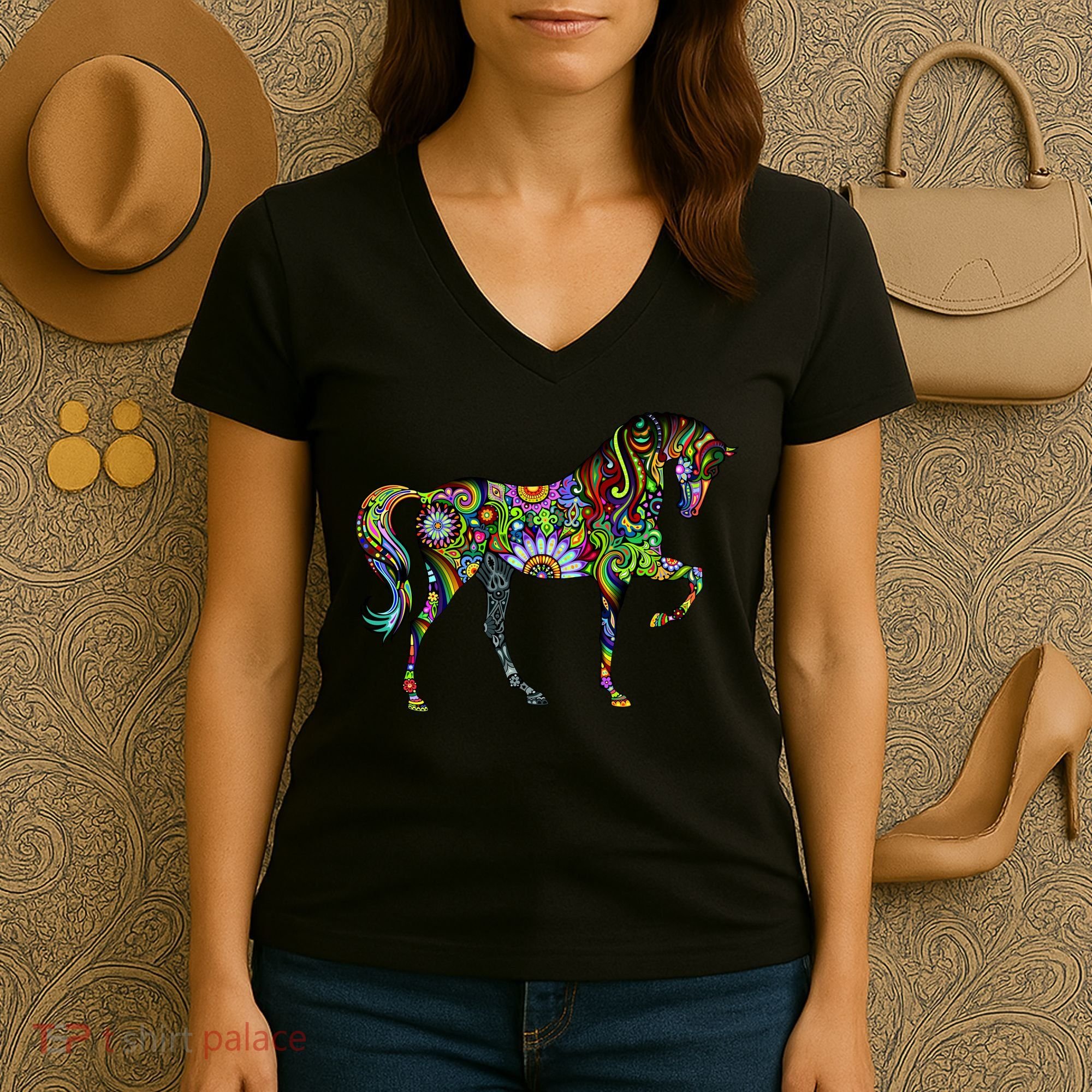 Trippy Cheerful Horse Women's V-Neck T-Shirt