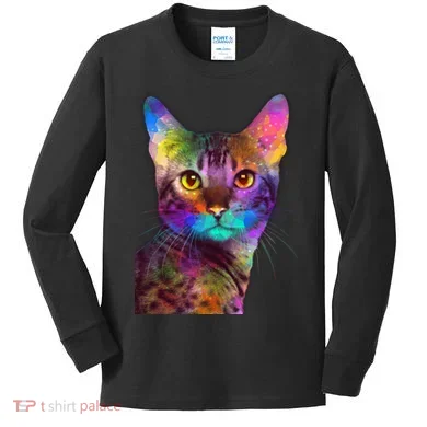 Trippy Colorful Cat Kids Long Sleeve Shirt