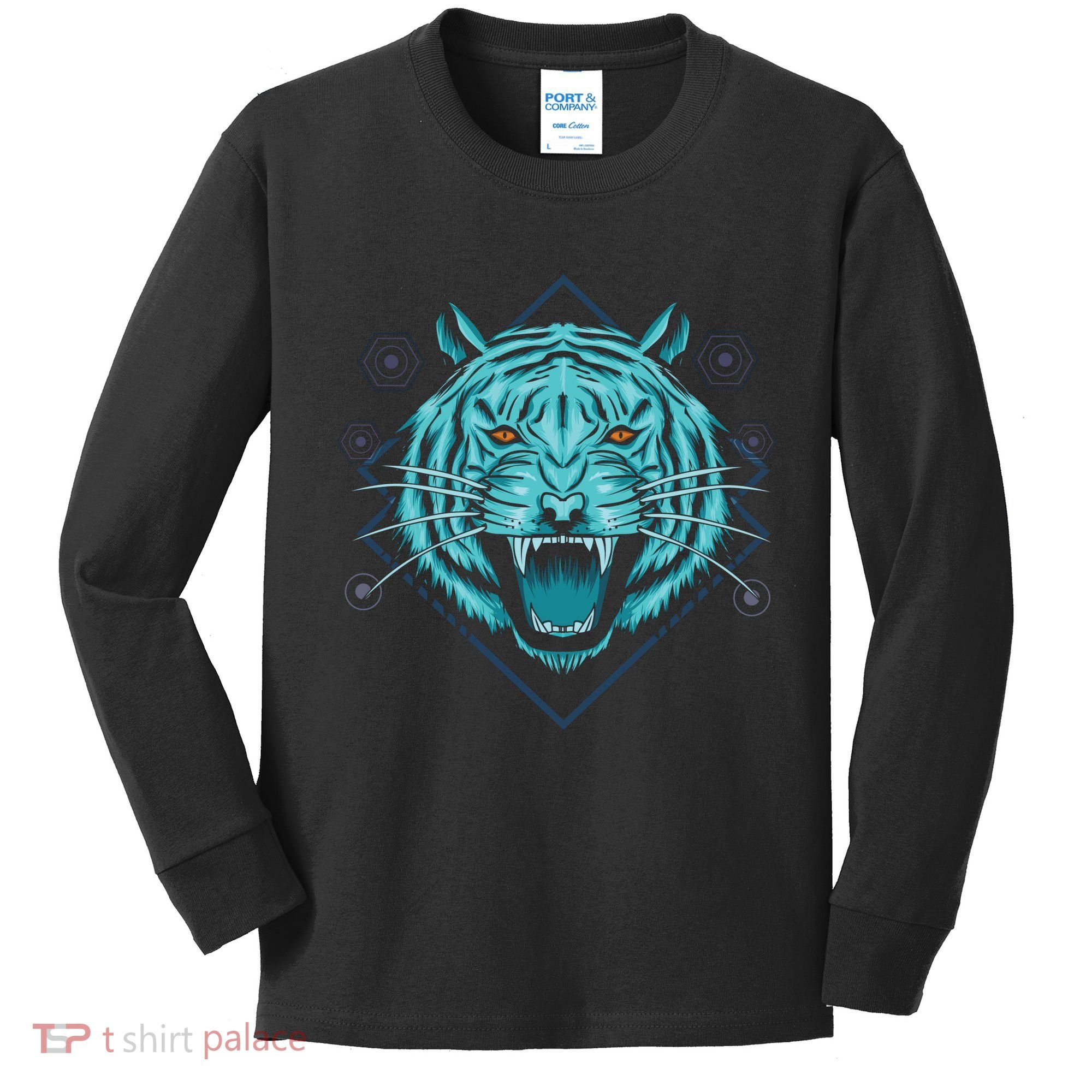 Trippy Cyan Tiger Graphic Kids Long Sleeve Shirt