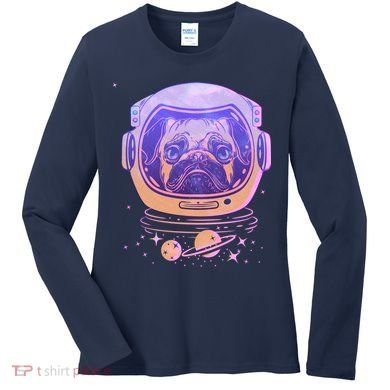 Trippy Space Colors Astronaut Pug Dog Women's Long Sleeve Shirt
