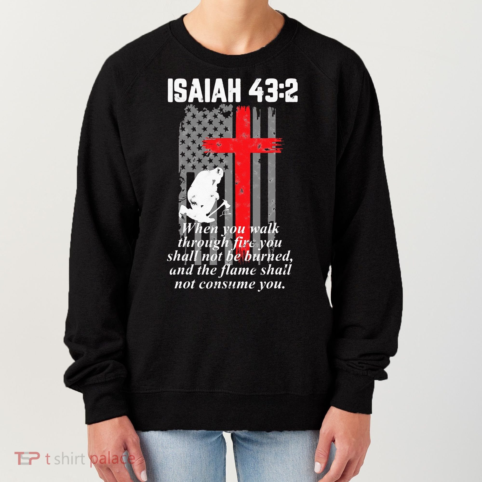 Thin Red Line Firefighter Cross Bible Verse American Flag Women's Sweatshirt
