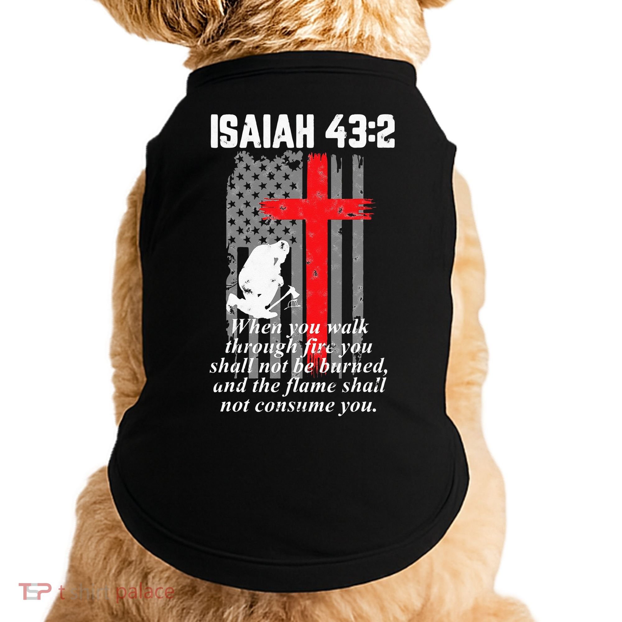 Thin Red Line Firefighter Cross Bible Verse American Flag Doggie Tank