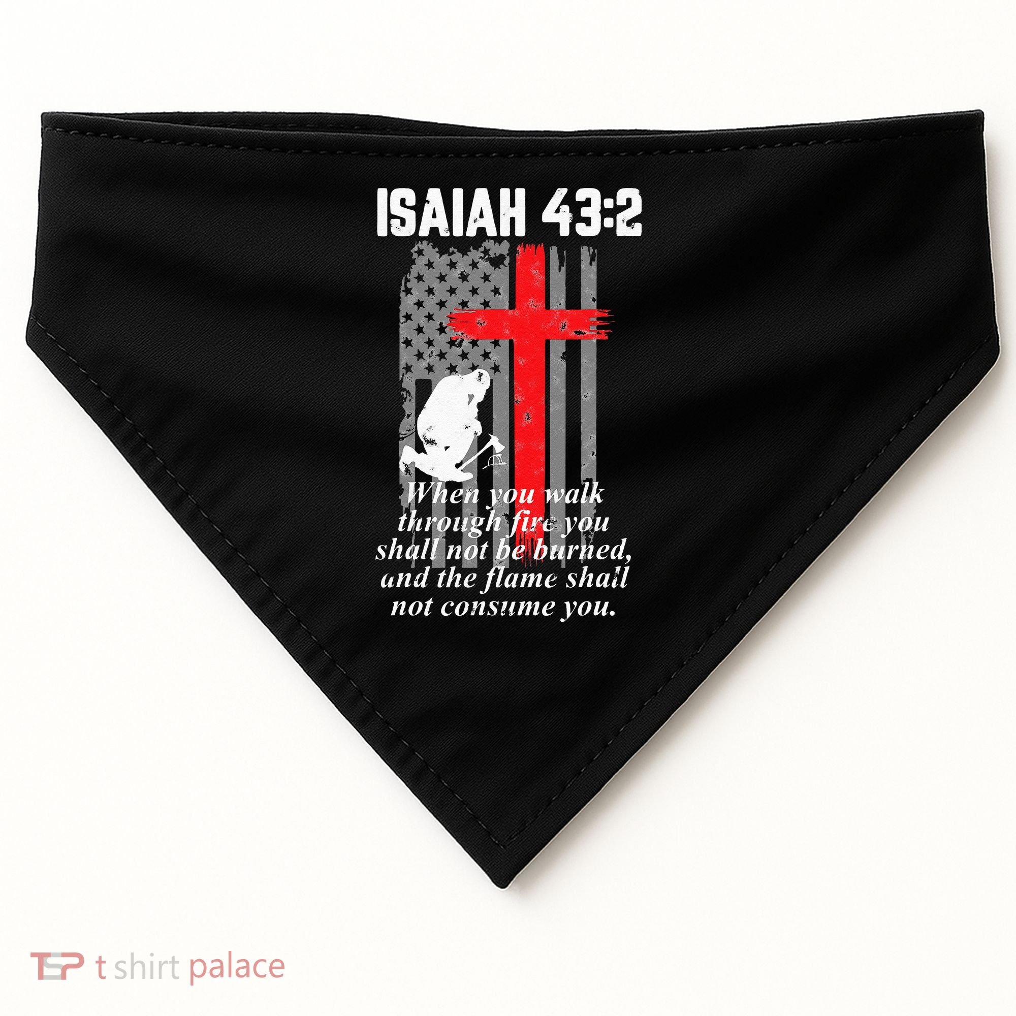 Thin Red Line Firefighter Cross Bible Verse American Flag USA-Made Doggie Bandana