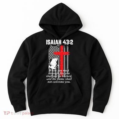 Thin Red Line Firefighter Cross Bible Verse American Flag Hoodie
