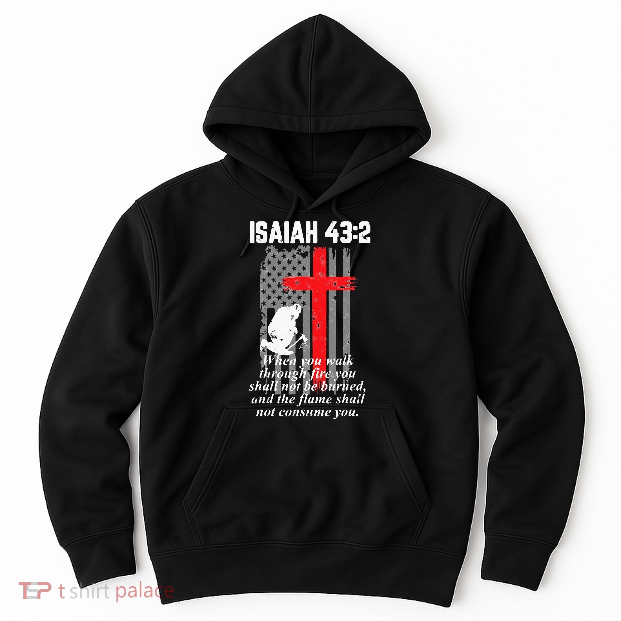 Thin Red Line Firefighter Cross Bible Verse American Flag Hoodie