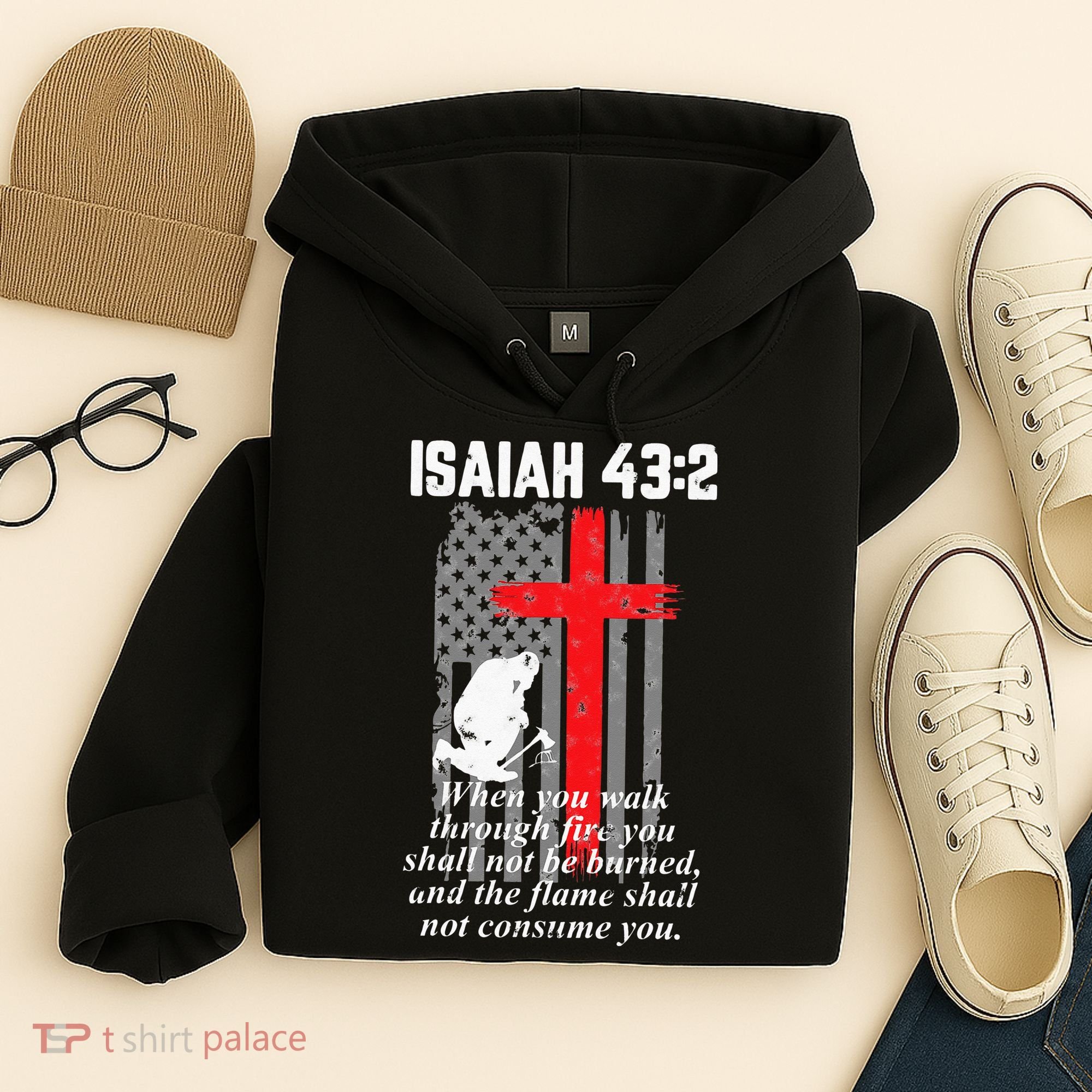 Thin Red Line Firefighter Cross Bible Verse American Flag Hoodie