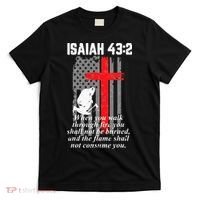 Thin Red Line Firefighter Cross Bible Verse American Flag T-Shirt thumb 0