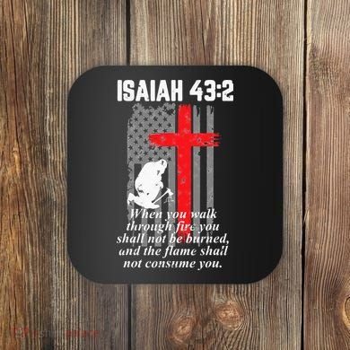 Thin Red Line Firefighter Cross Bible Verse American Flag Coaster