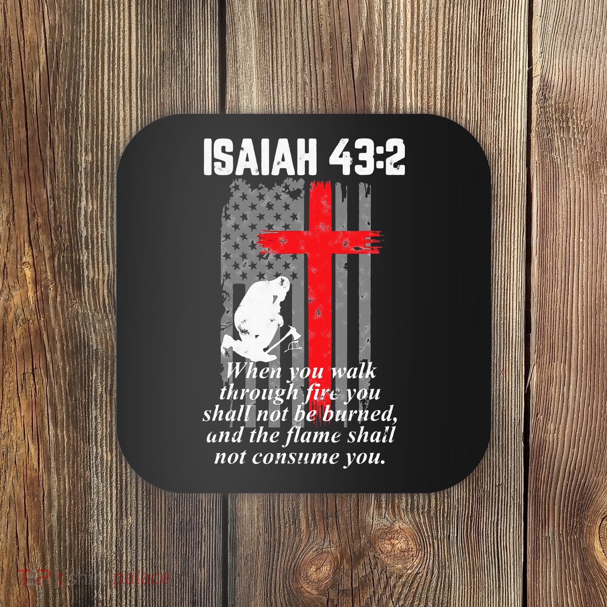 Thin Red Line Firefighter Cross Bible Verse American Flag Coaster