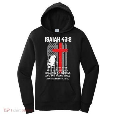 Thin Red Line Firefighter Cross Bible Verse American Flag Women's Hoodie