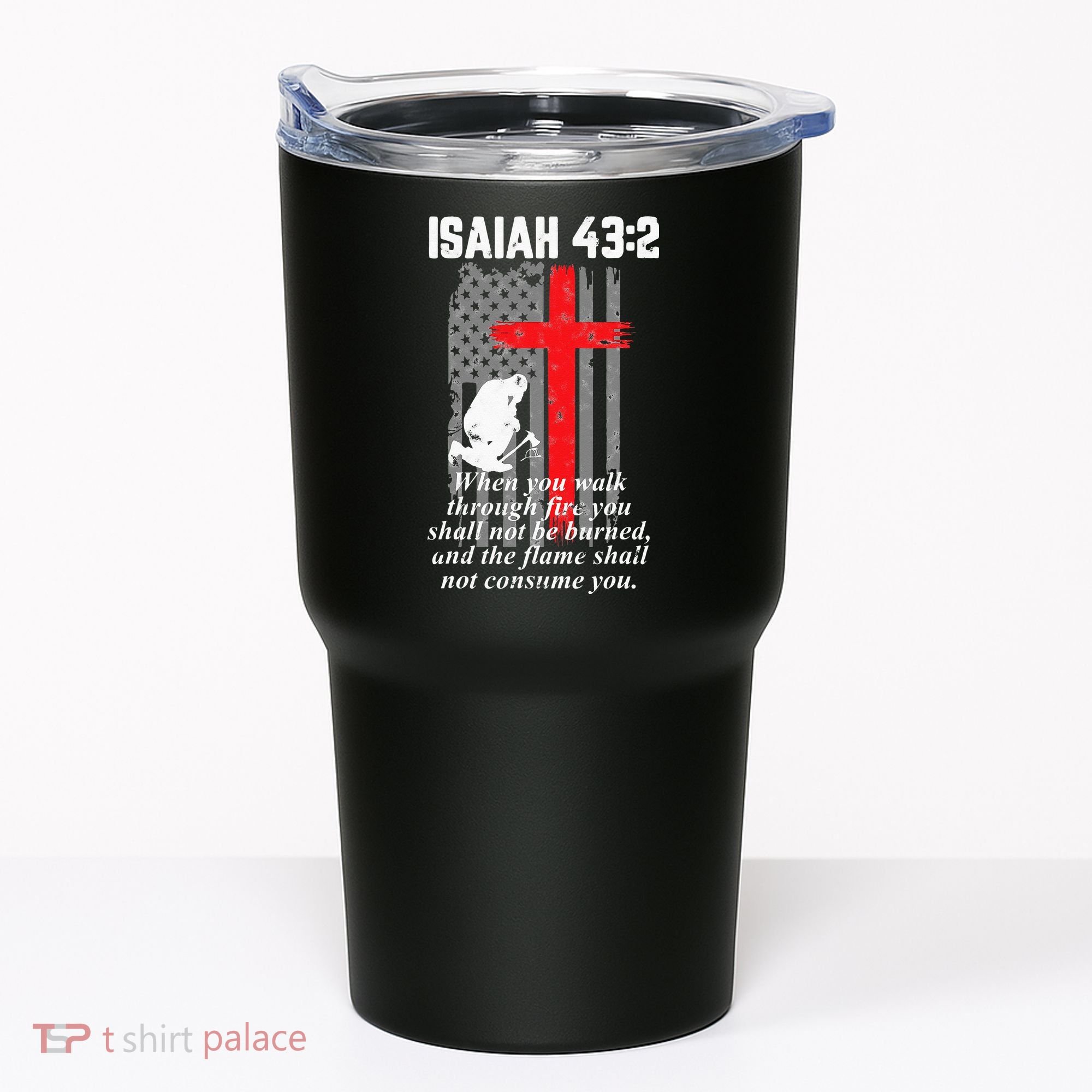 Thin Red Line Firefighter Cross Bible Verse American Flag Tumbler