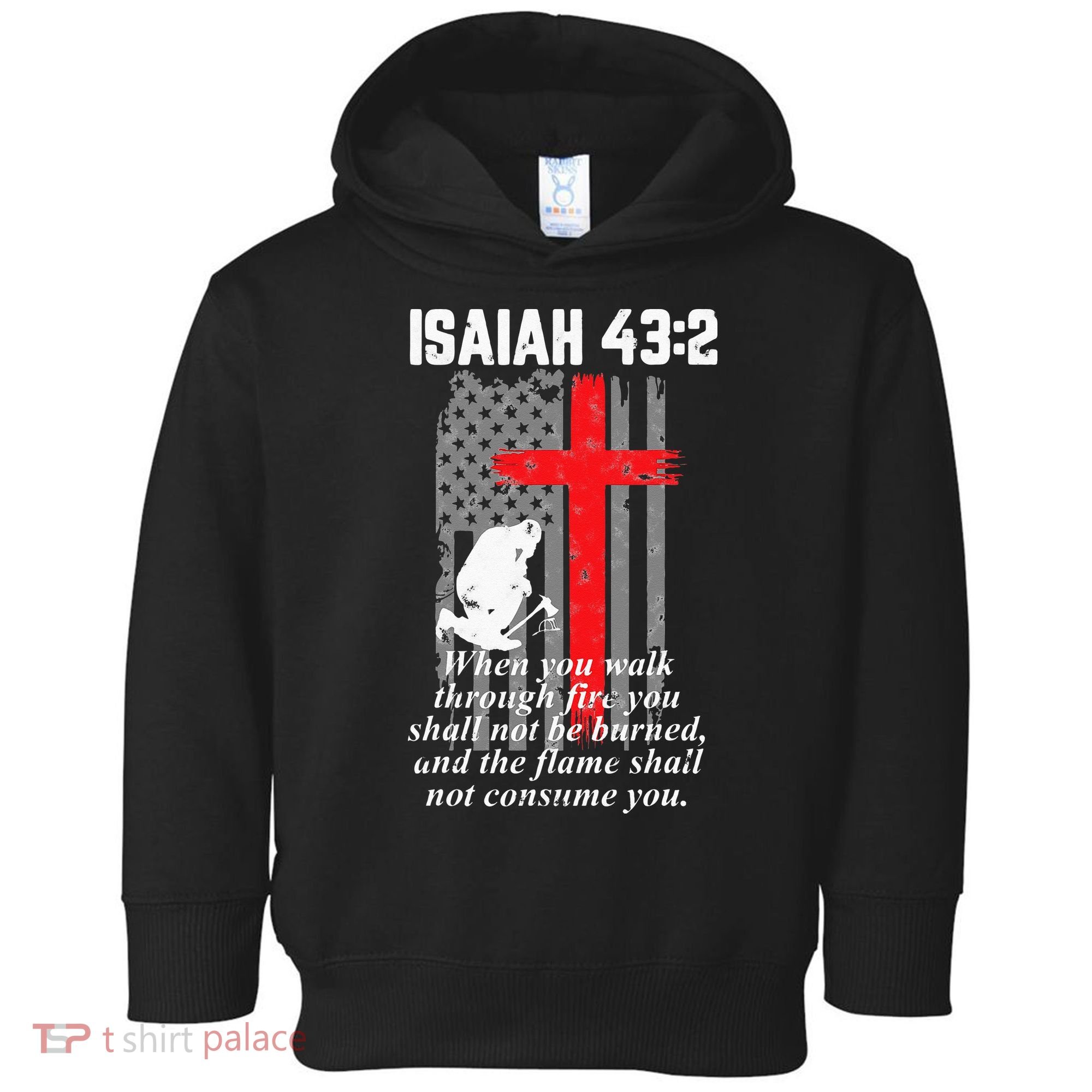 Thin Red Line Firefighter Cross Bible Verse American Flag Toddler Hoodie