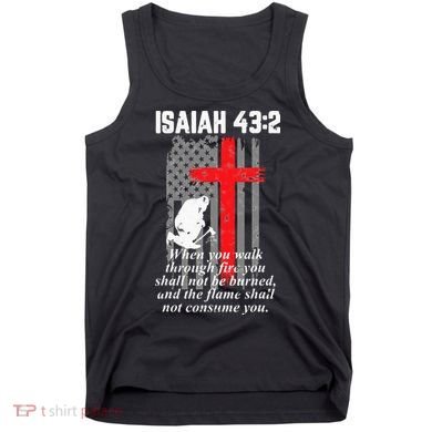 Thin Red Line Firefighter Cross Bible Verse American Flag Tank Top