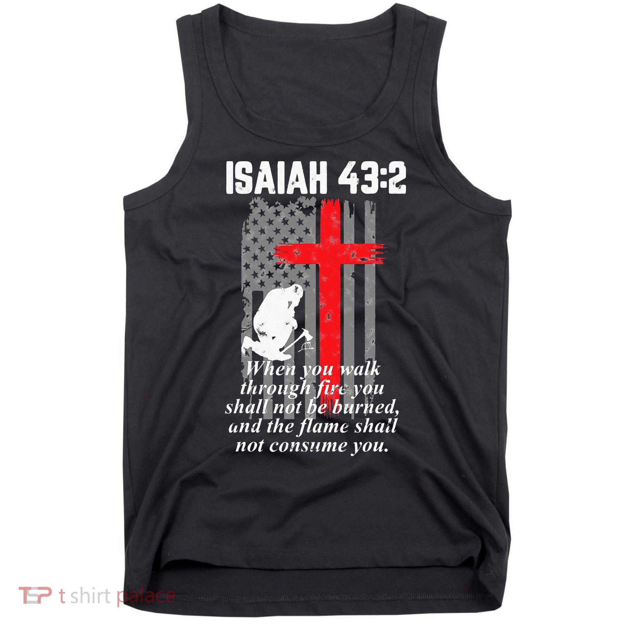 Thin Red Line Firefighter Cross Bible Verse American Flag Tank Top
