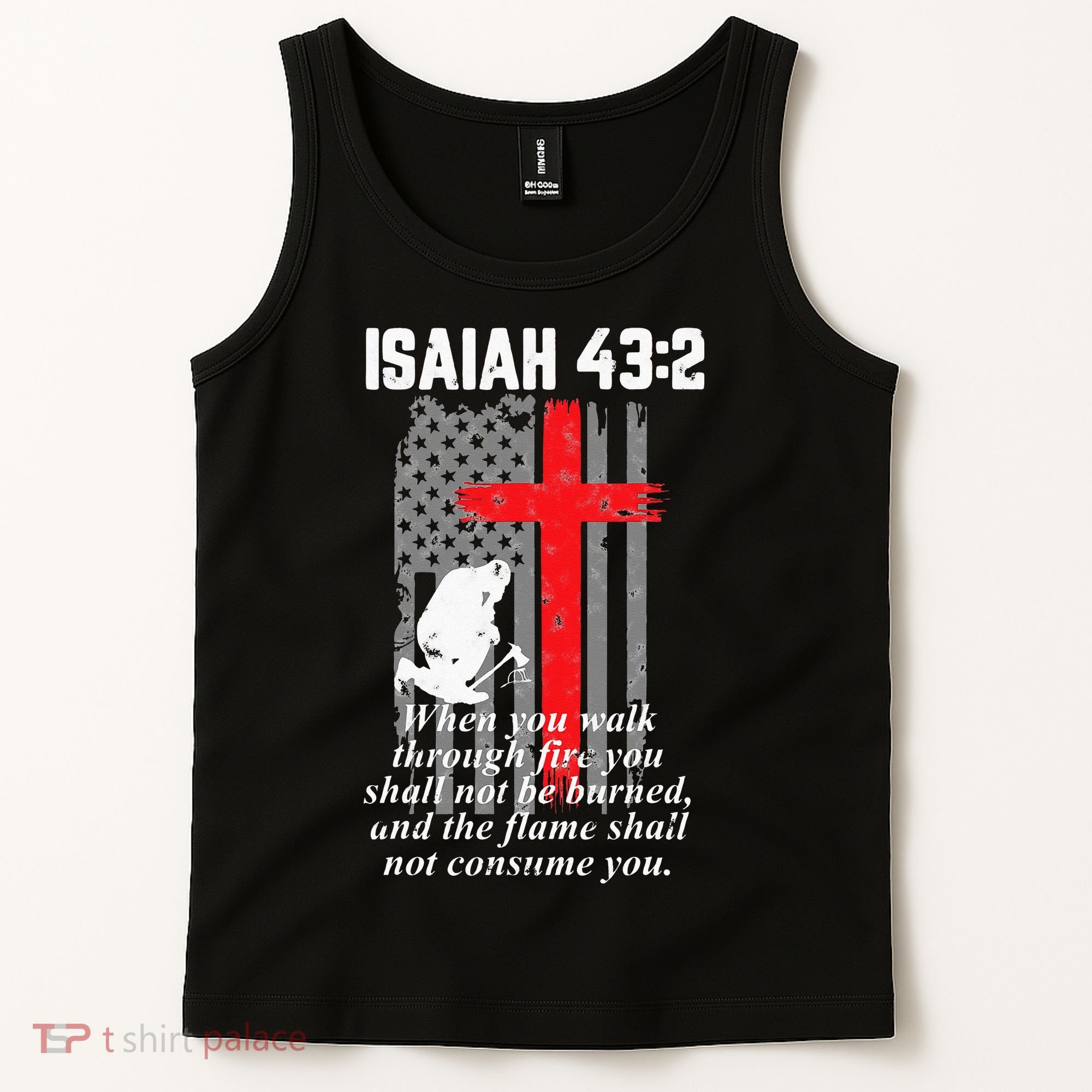 Thin Red Line Firefighter Cross Bible Verse American Flag Tank Top