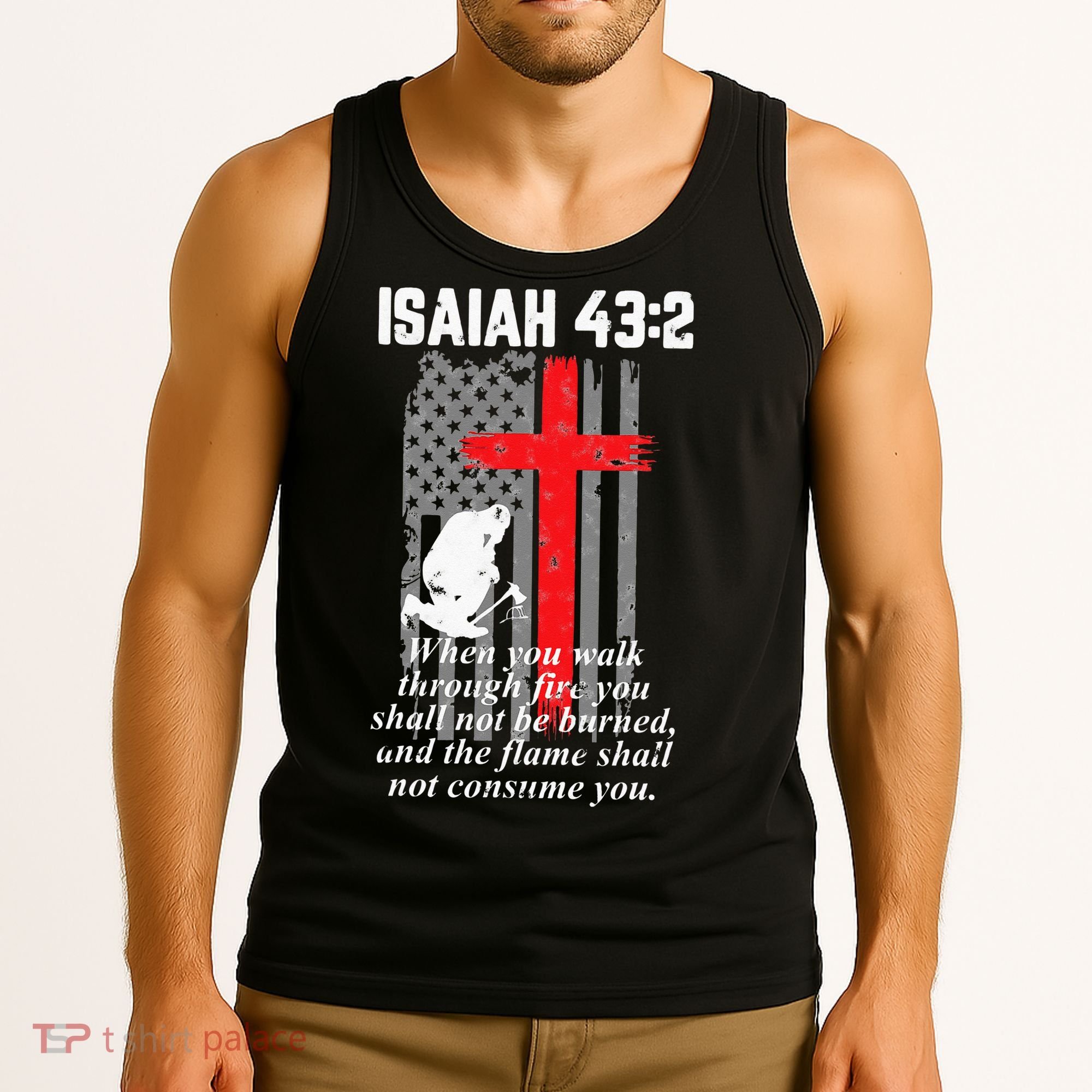 Thin Red Line Firefighter Cross Bible Verse American Flag Tank Top