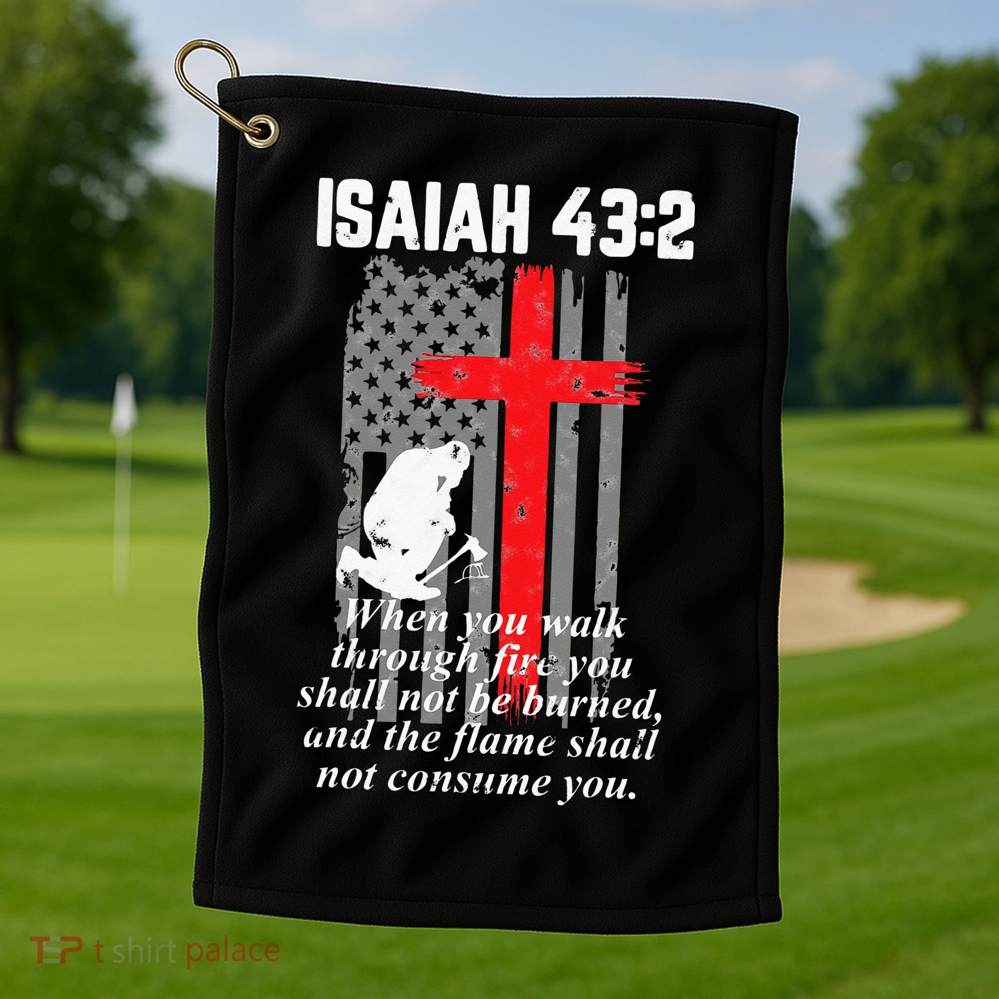 Thin Red Line Firefighter Cross Bible Verse American Flag Golf Towel