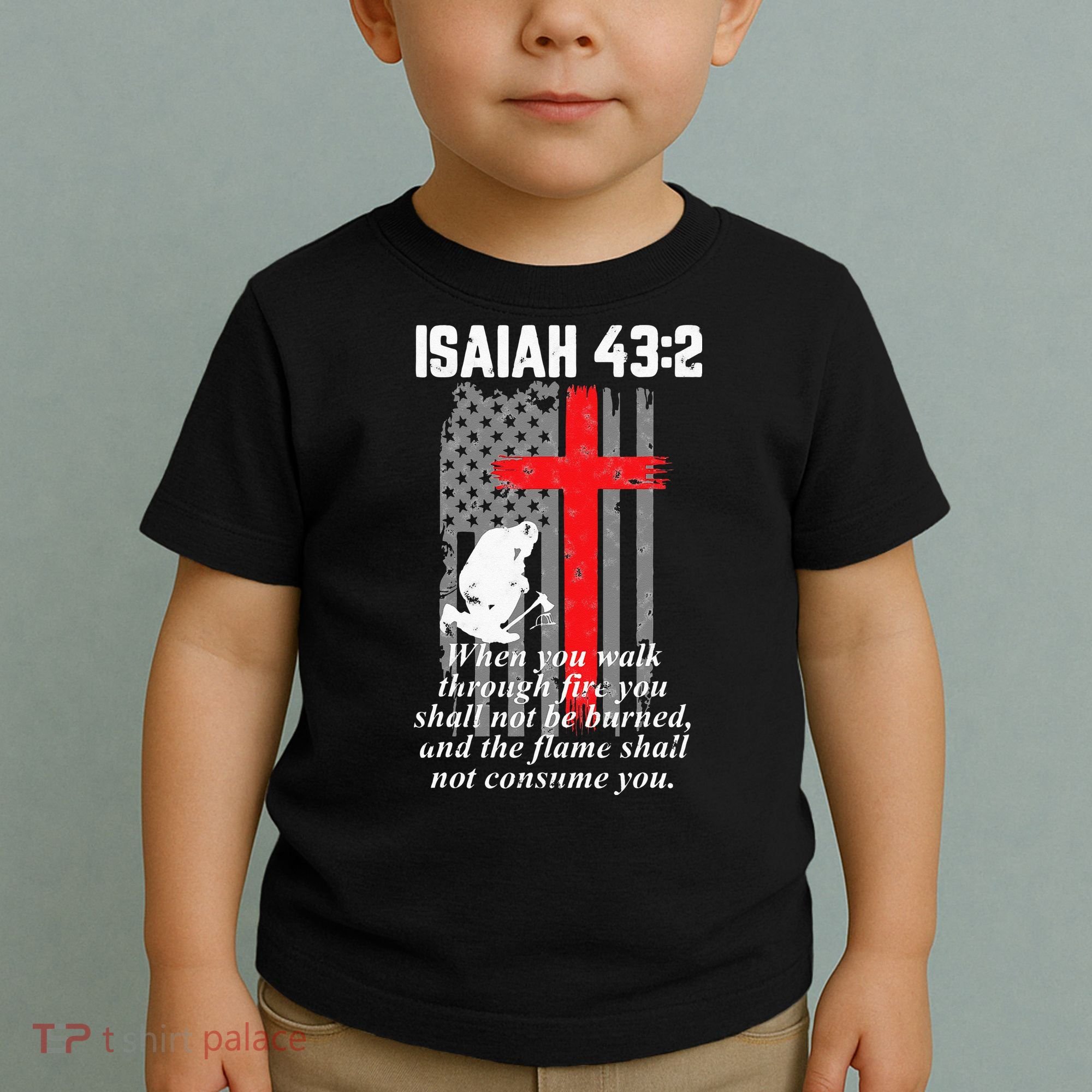 Thin Red Line Firefighter Cross Bible Verse American Flag Toddler T-Shirt