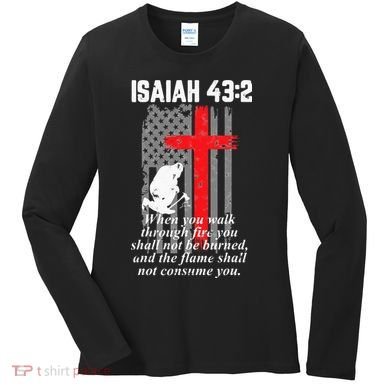 Thin Red Line Firefighter Cross Bible Verse American Flag Women's Long Sleeve Shirt