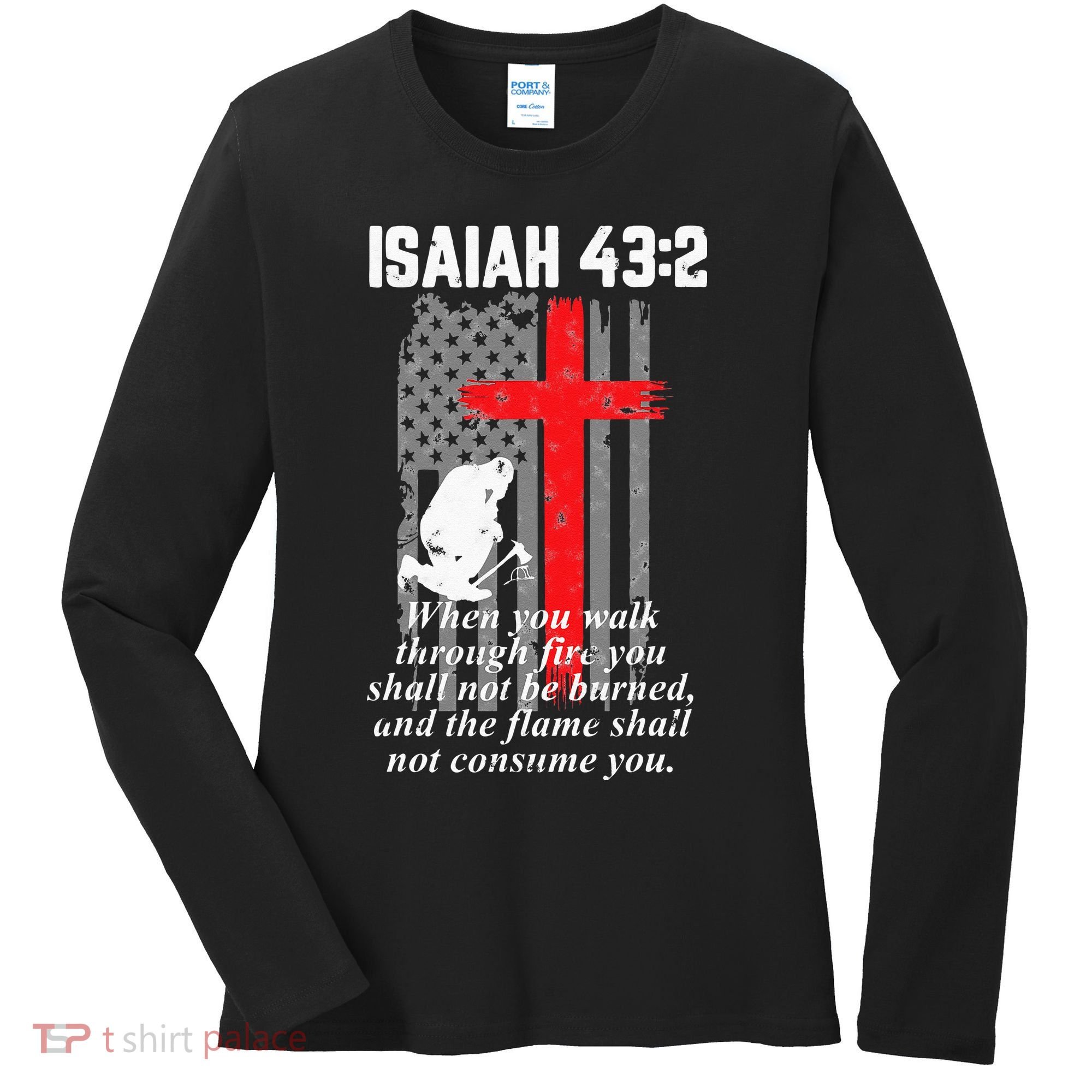 Thin Red Line Firefighter Cross Bible Verse American Flag Women's Long Sleeve Shirt