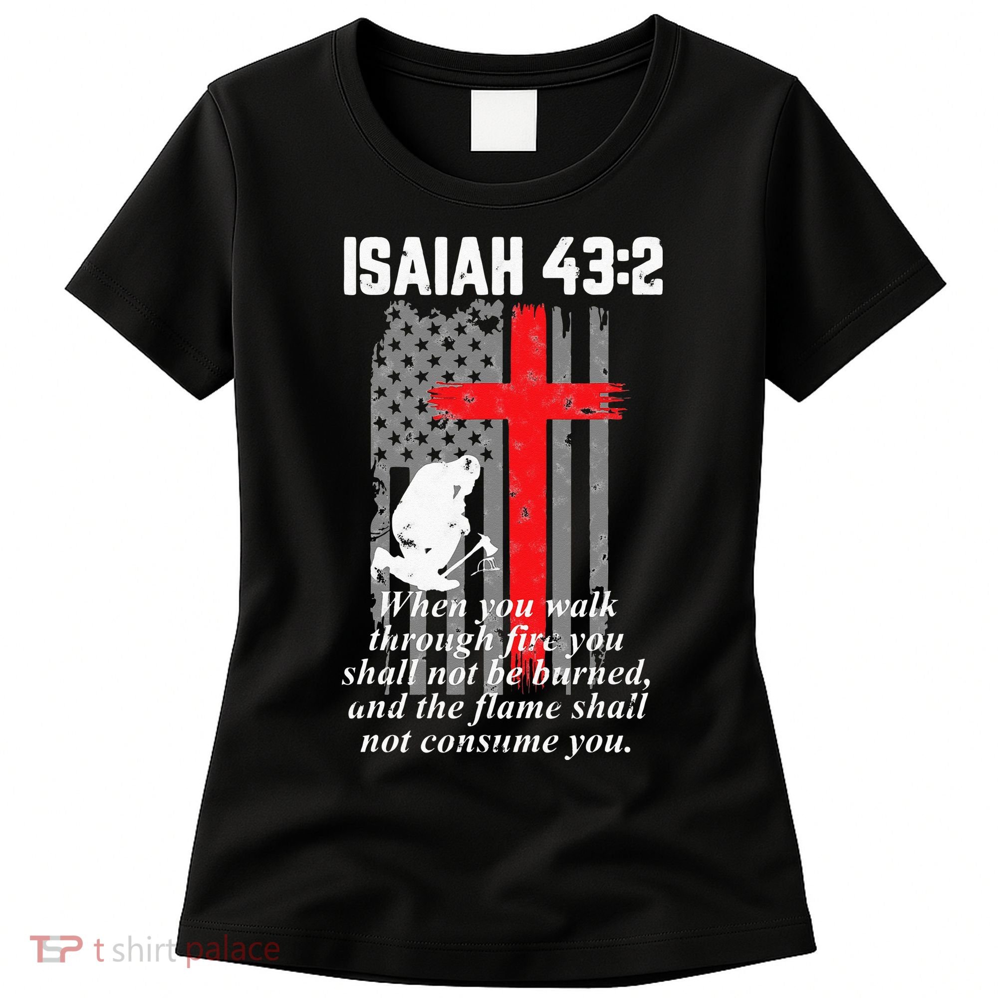 Thin Red Line Firefighter Cross Bible Verse American Flag Women's T-Shirt