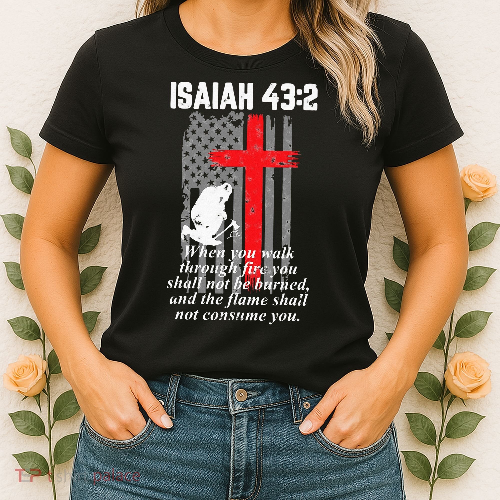 Thin Red Line Firefighter Cross Bible Verse American Flag Women's T-Shirt