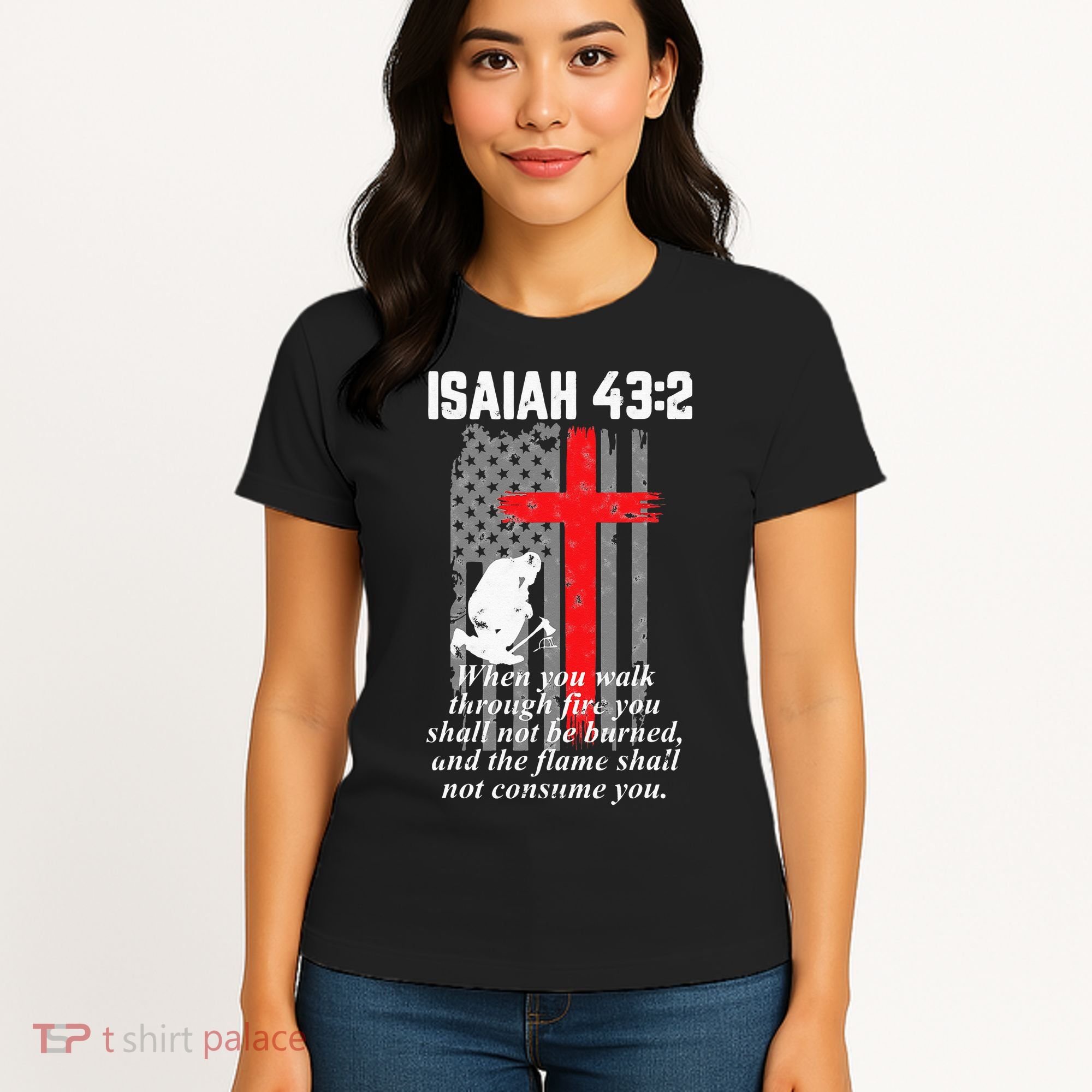Thin Red Line Firefighter Cross Bible Verse American Flag Women's T-Shirt