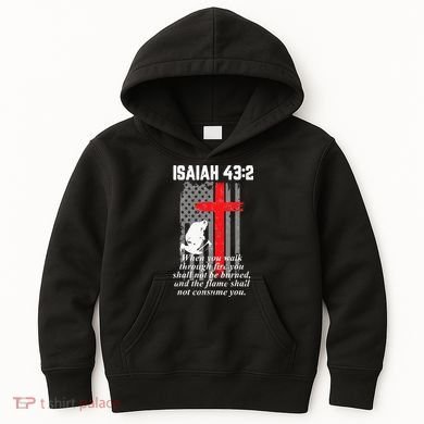 Thin Red Line Firefighter Cross Bible Verse American Flag Kids Hoodie