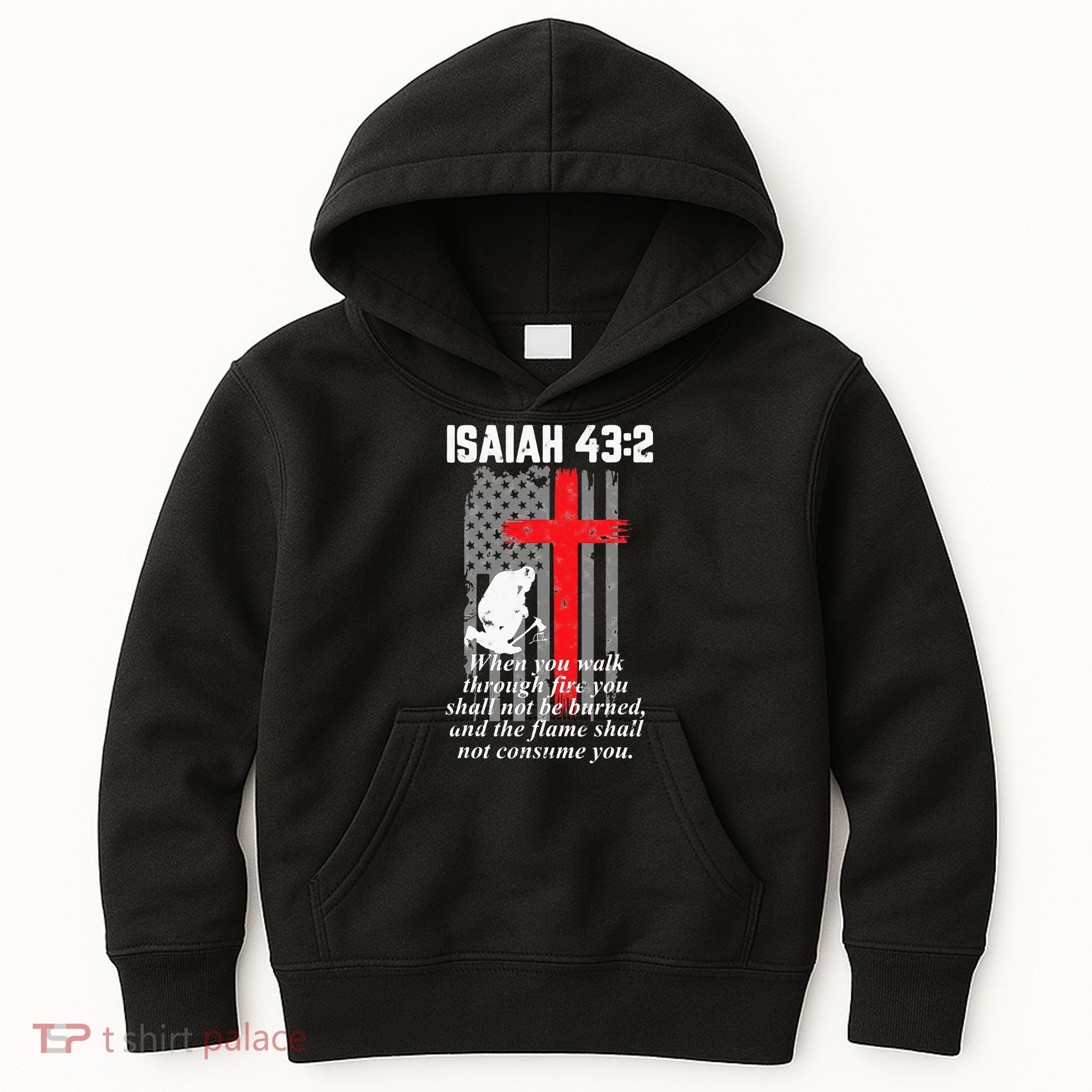 Thin Red Line Firefighter Cross Bible Verse American Flag Kids Hoodie