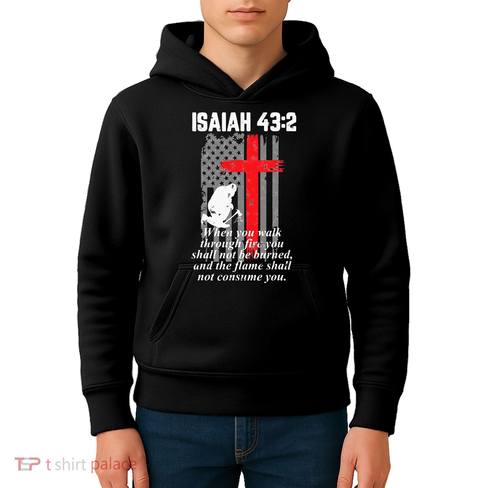 Thin Red Line Firefighter Cross Bible Verse American Flag Kids Hoodie