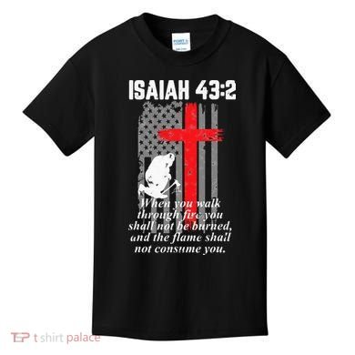 Thin Red Line Firefighter Cross Bible Verse American Flag Kids T-Shirt