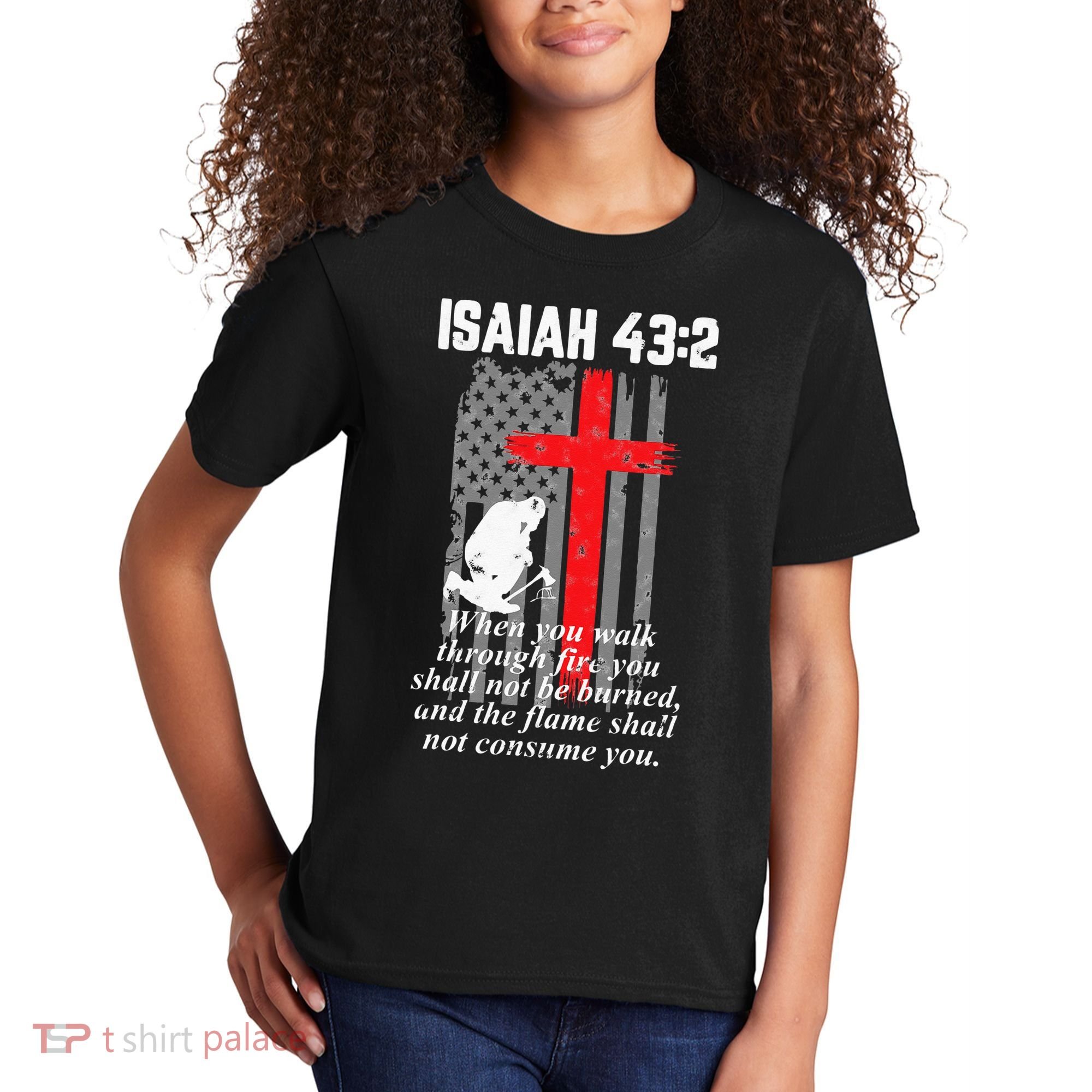 Thin Red Line Firefighter Cross Bible Verse American Flag Kids T-Shirt