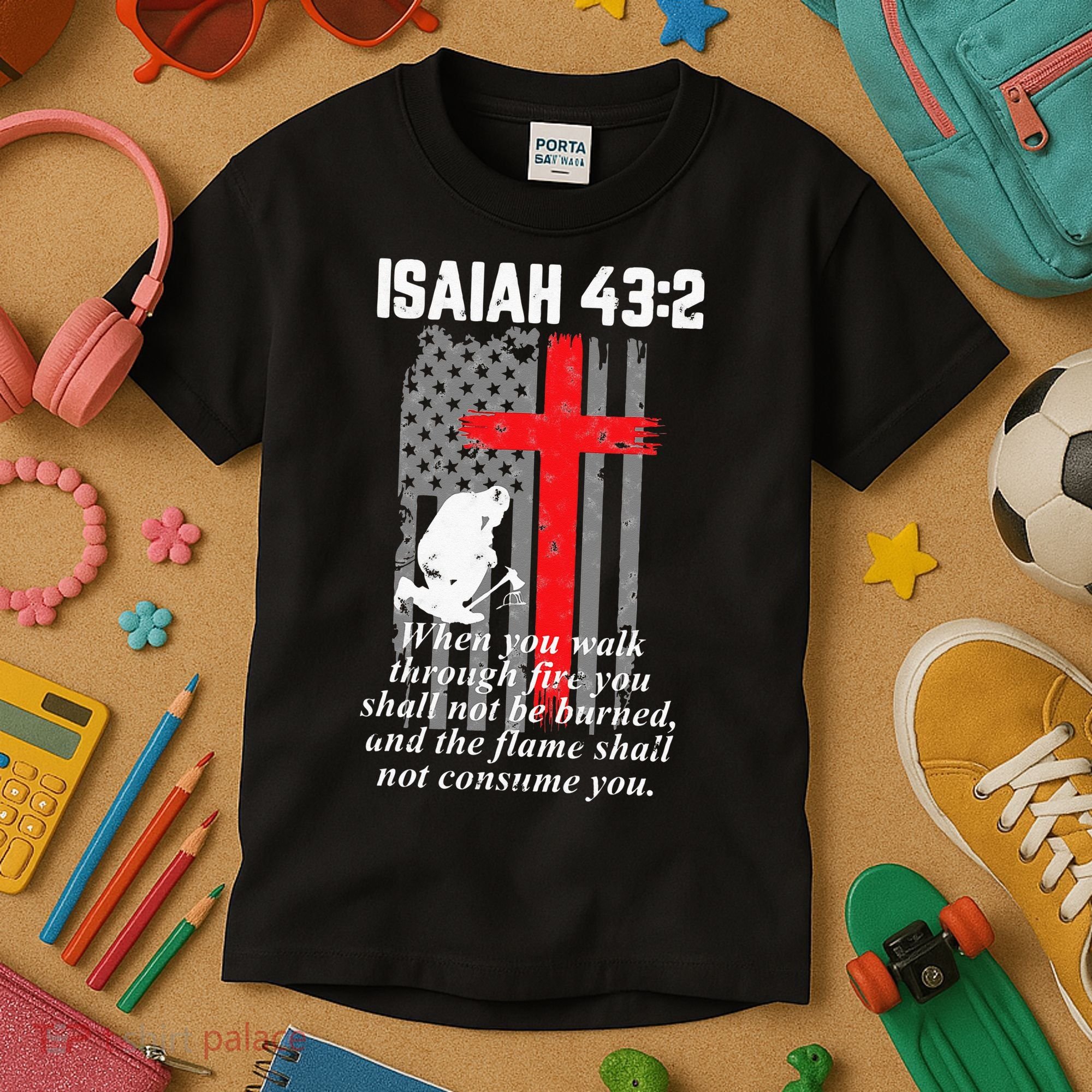 Thin Red Line Firefighter Cross Bible Verse American Flag Kids T-Shirt