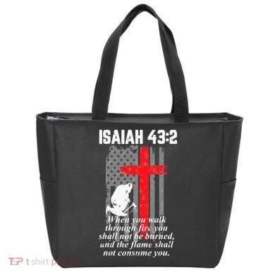 Thin Red Line Firefighter Cross Bible Verse American Flag Tote Bag