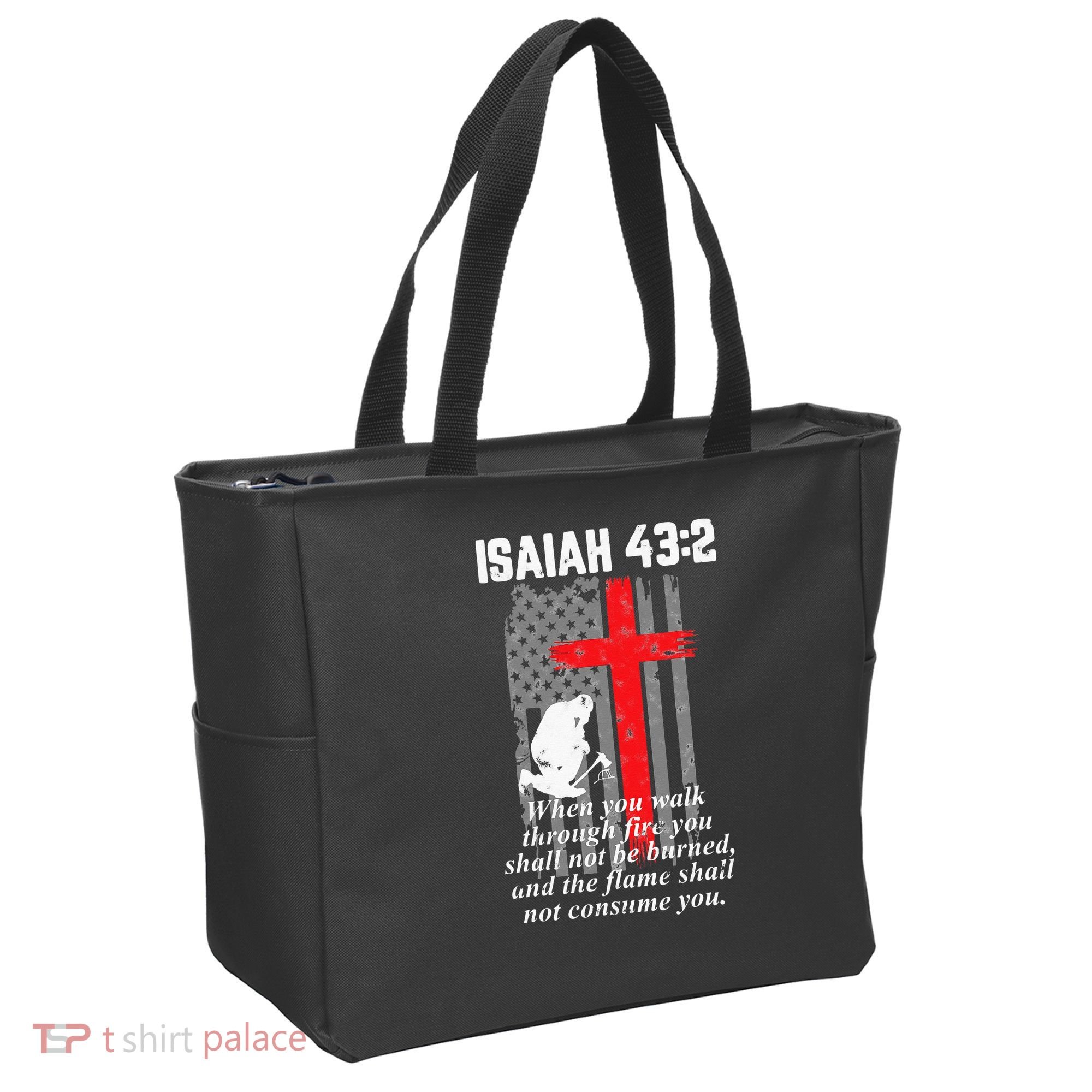 Thin Red Line Firefighter Cross Bible Verse American Flag Tote Bag