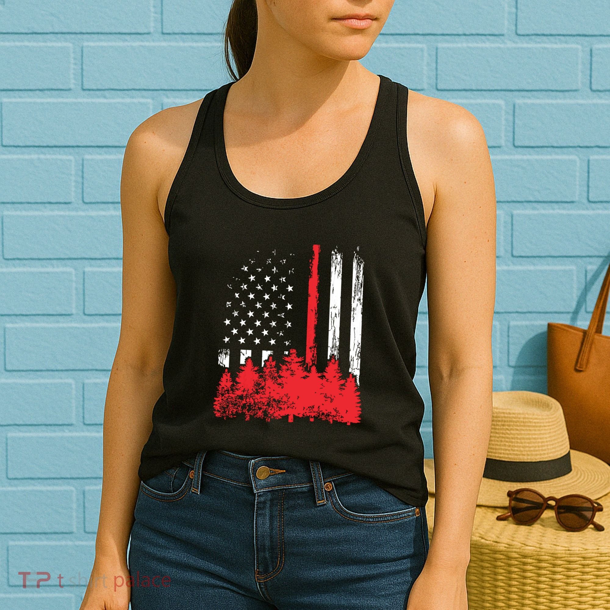 Thin Red Line American Flag Wildland Firefighter Shirts Gift Women's Tank Top