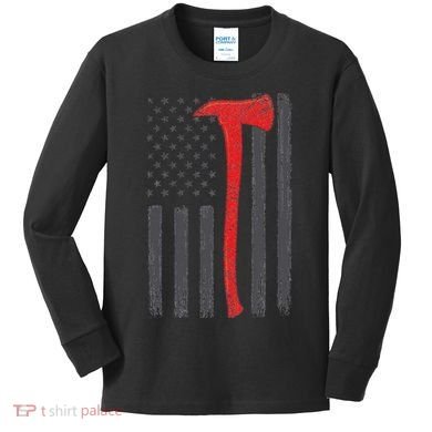 Thin Red Line Flag Firefighter Axe Vintage Fire Fighter Flag Kids Long Sleeve Shirt