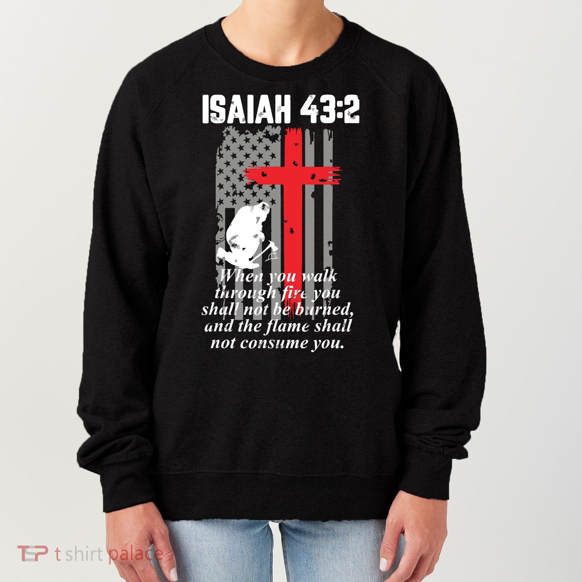 Thin Red Line Firefighter Cross Bible Verse American Flag Women's Sweatshirt