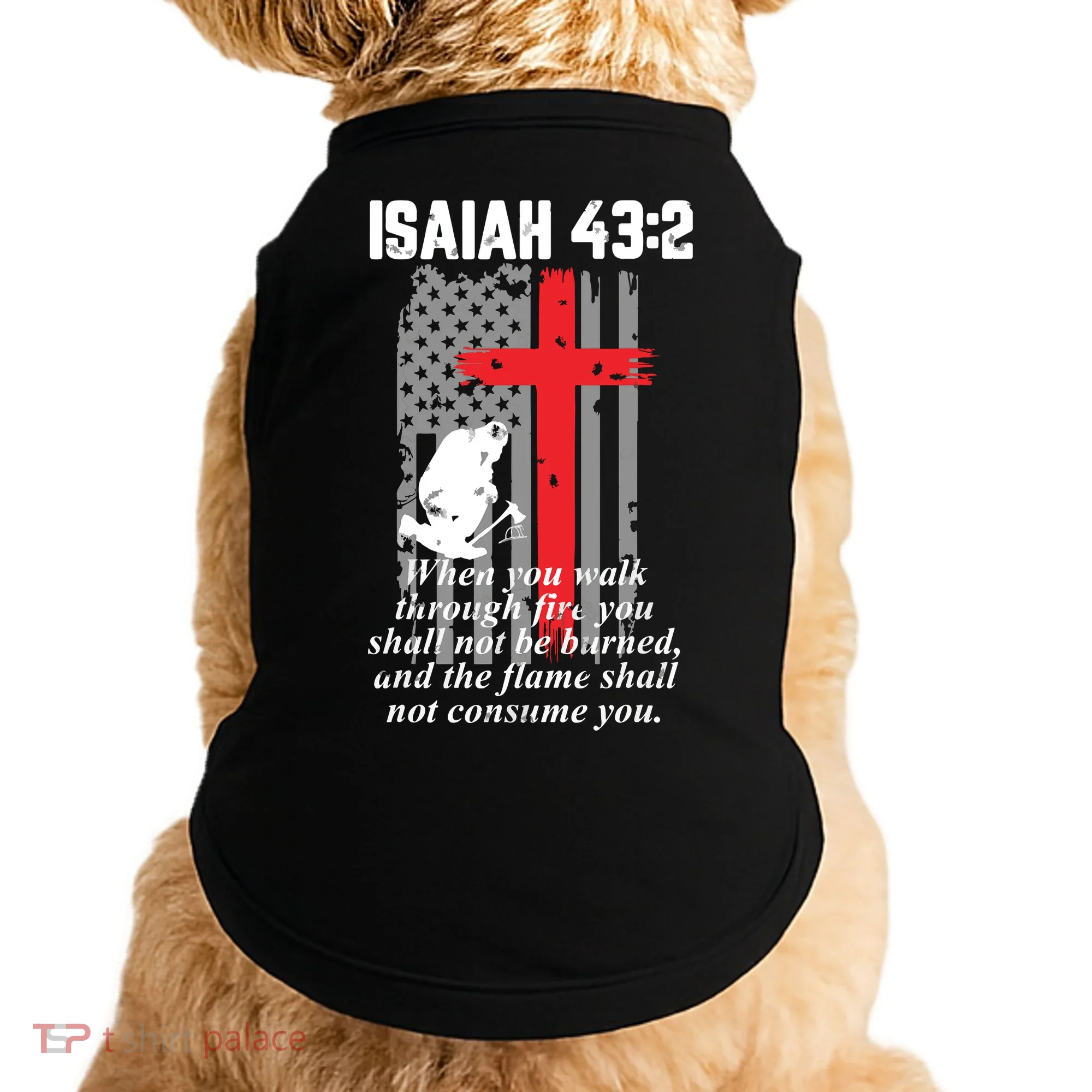 Thin Red Line Firefighter Cross Bible Verse American Flag Doggie Tank