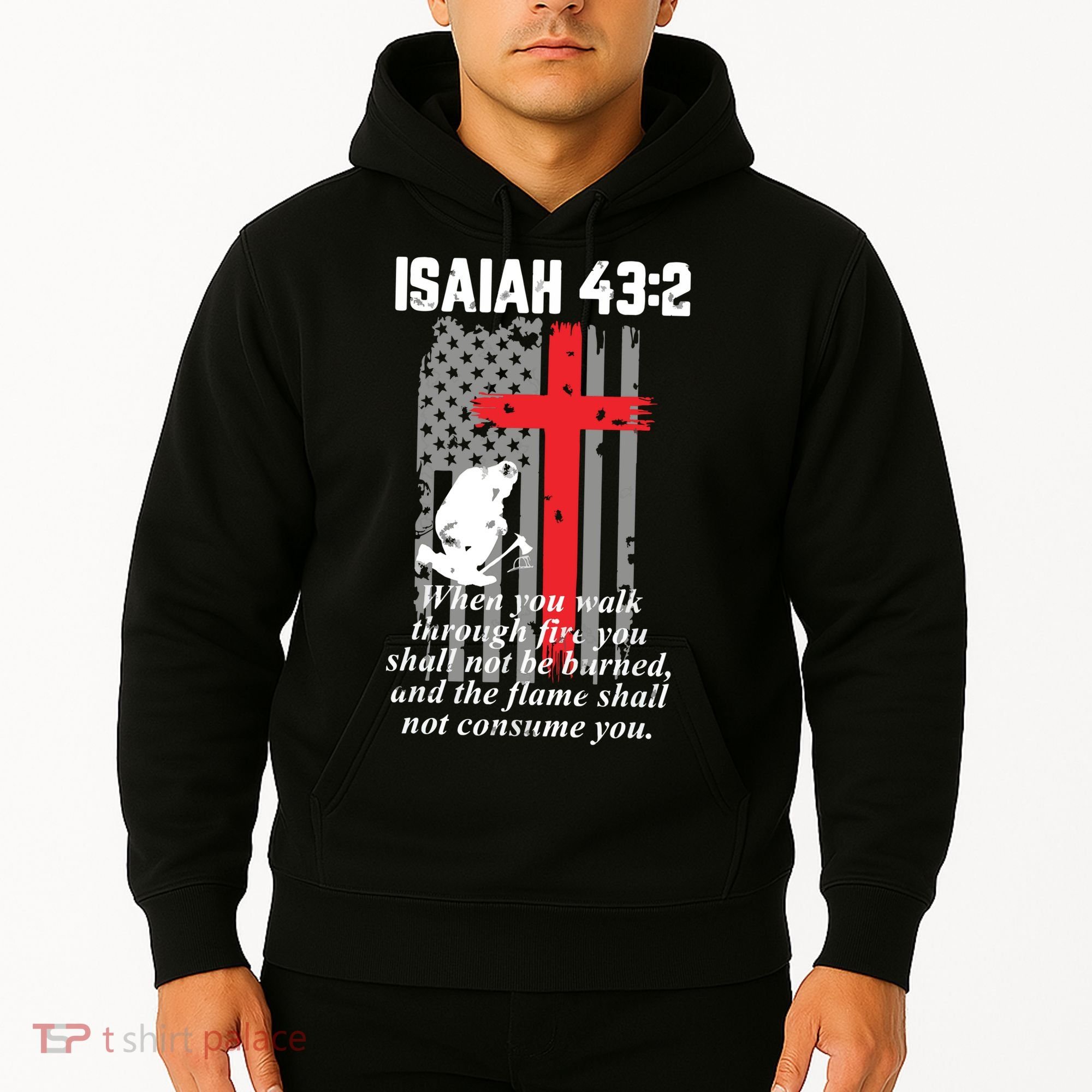 Thin Red Line Firefighter Cross Bible Verse American Flag Hoodie