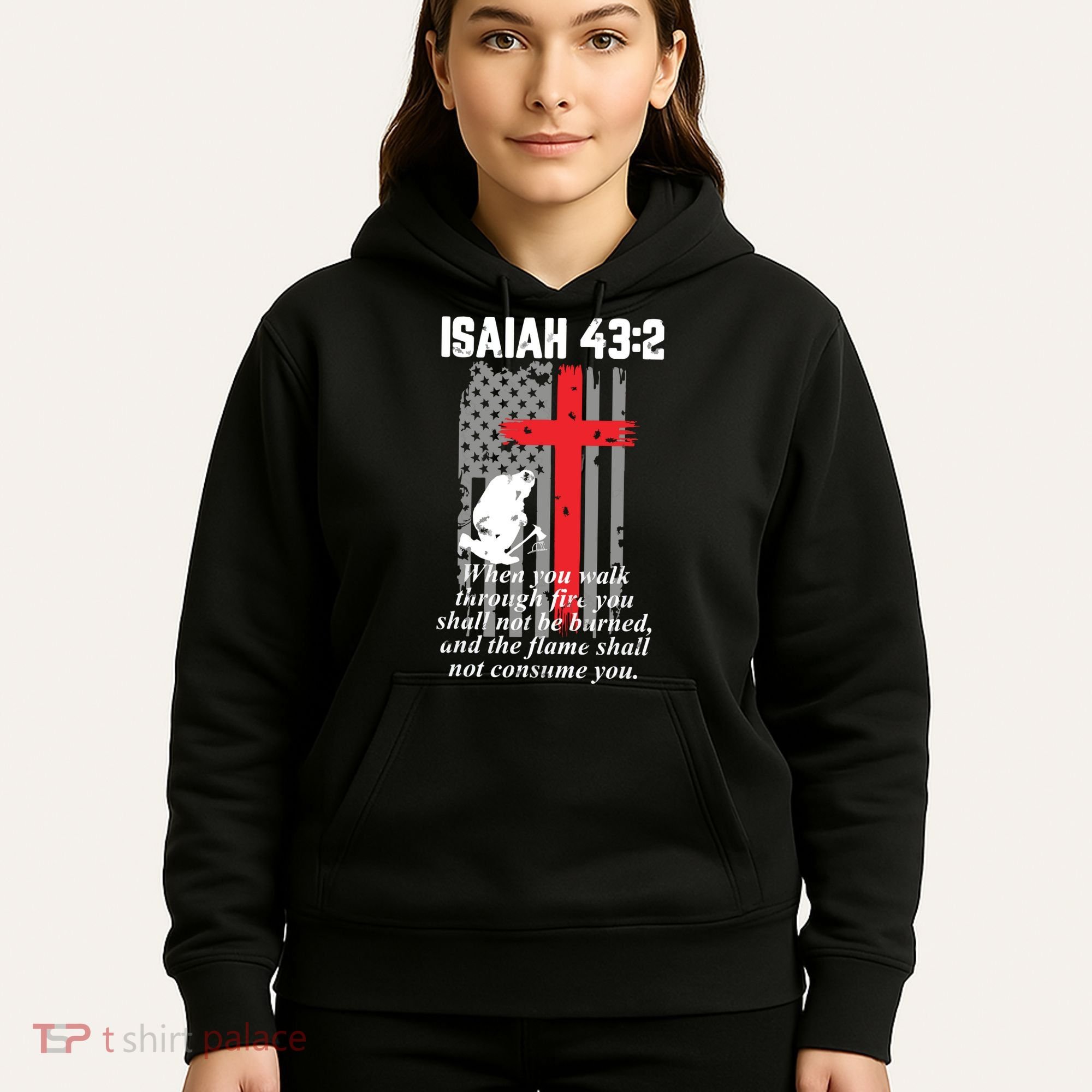 Thin Red Line Firefighter Cross Bible Verse American Flag Hoodie