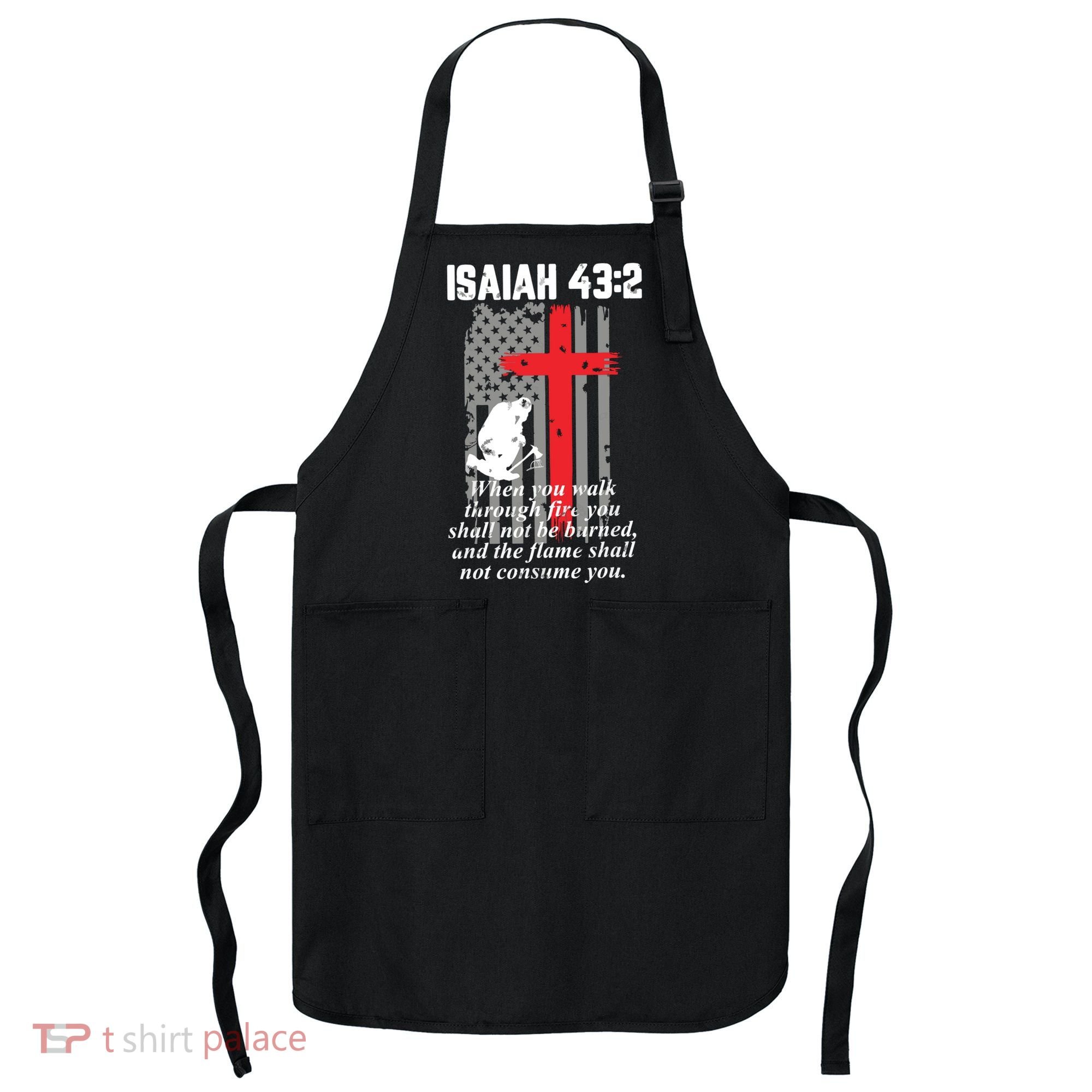 Thin Red Line Firefighter Cross Bible Verse American Flag Apron