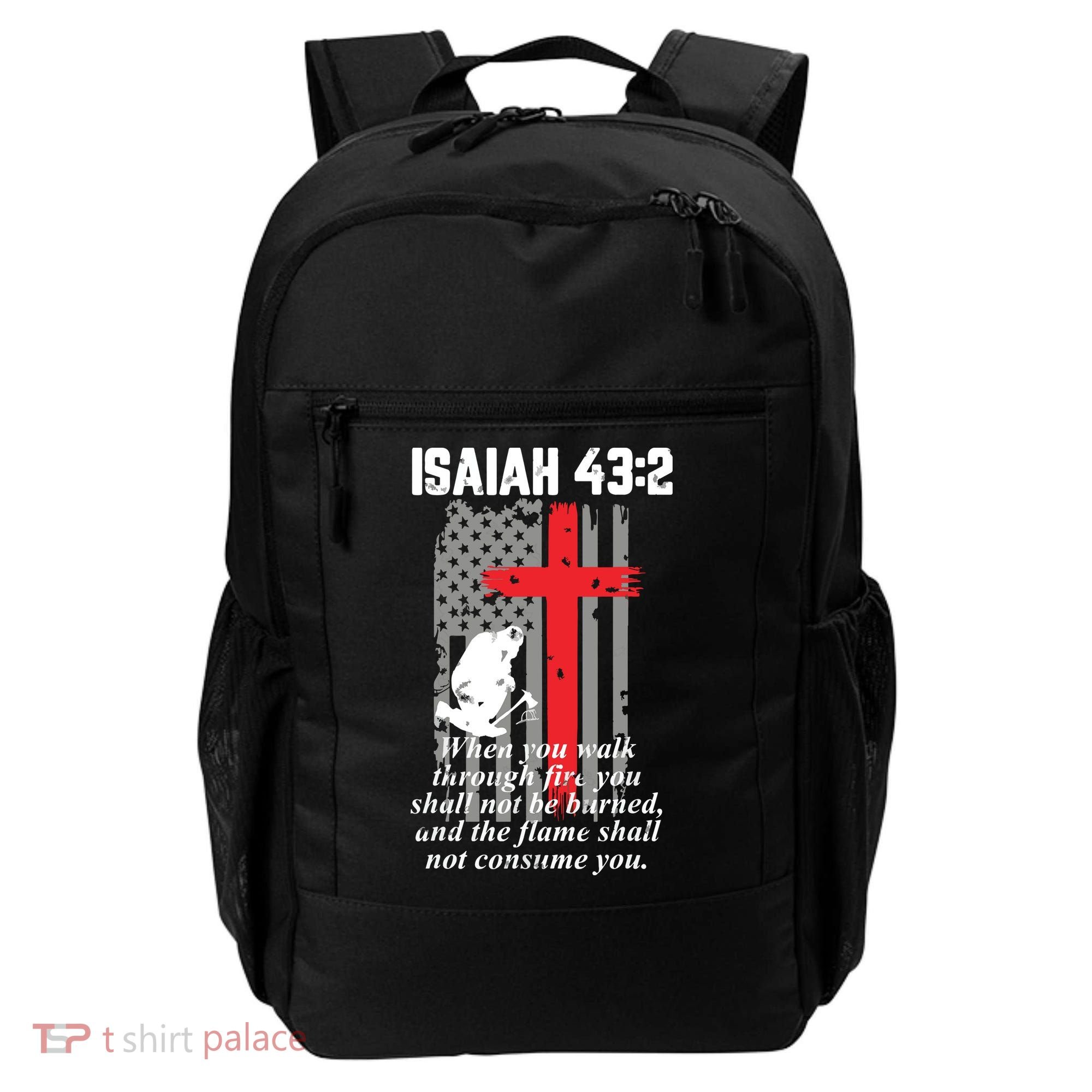 Thin Red Line Firefighter Cross Bible Verse American Flag Backpack