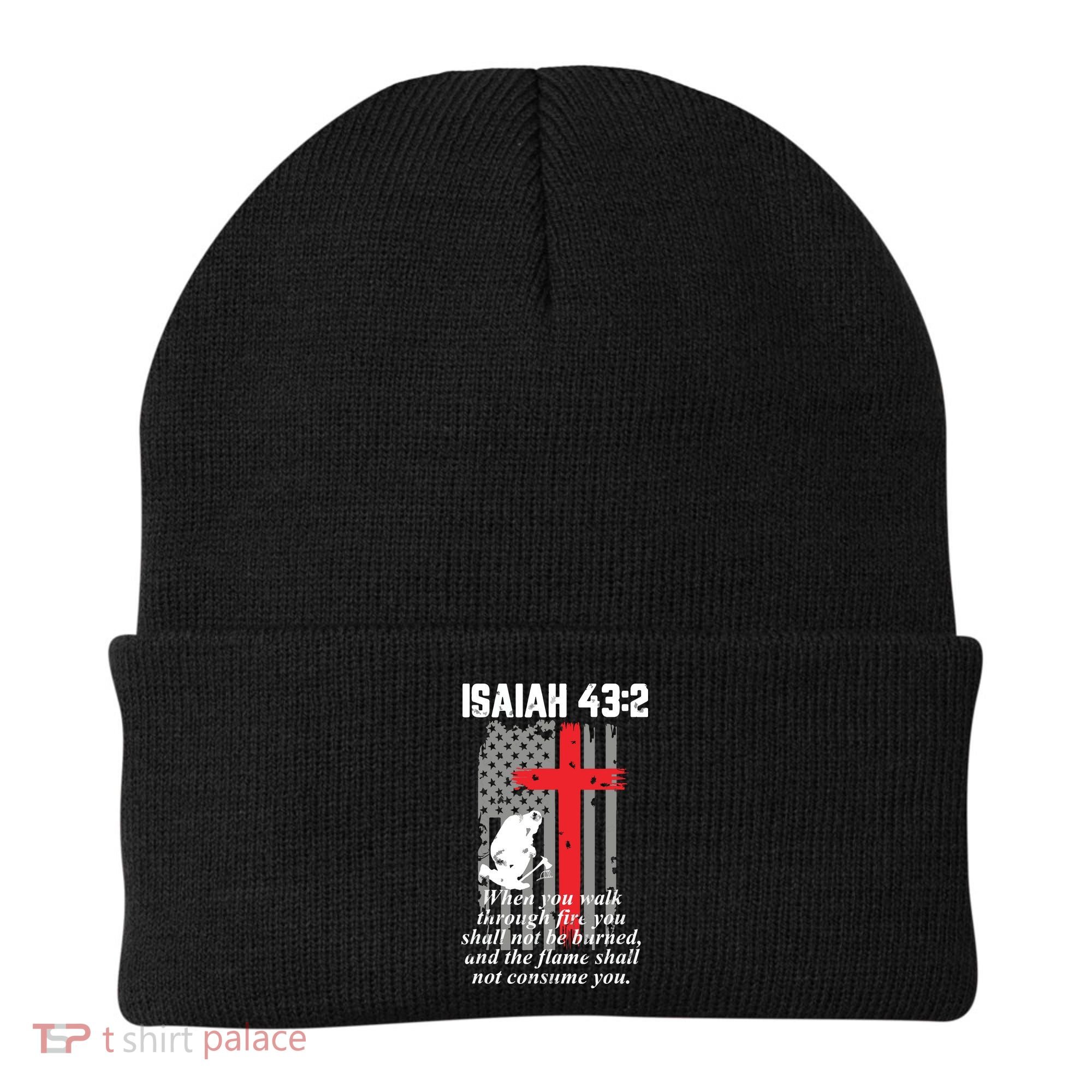 Thin Red Line Firefighter Cross Bible Verse American Flag Beanie