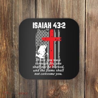 Thin Red Line Firefighter Cross Bible Verse American Flag Coaster